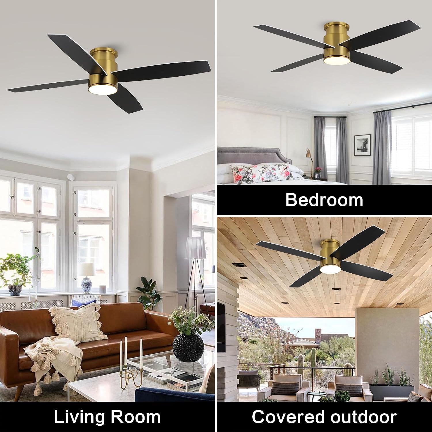 WINGBO 44 Inch Flush Mount DC Ceiling Fan with Lights and Remote, 4 Reversible Blades, Ultra Quiet 6-Speed DC Motor, Hugger Low Profile Indoor Ceiling Fan, Brass Finish
