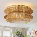 Boho Ceiling Fan with Light, 20'' Coastal Caged Ceiling Fans with Lights and Remote Control, Rattan Flush Mount Fandelier with Reversible 6 Speeds, Low Profile for Bedroom Living Room Dining Room