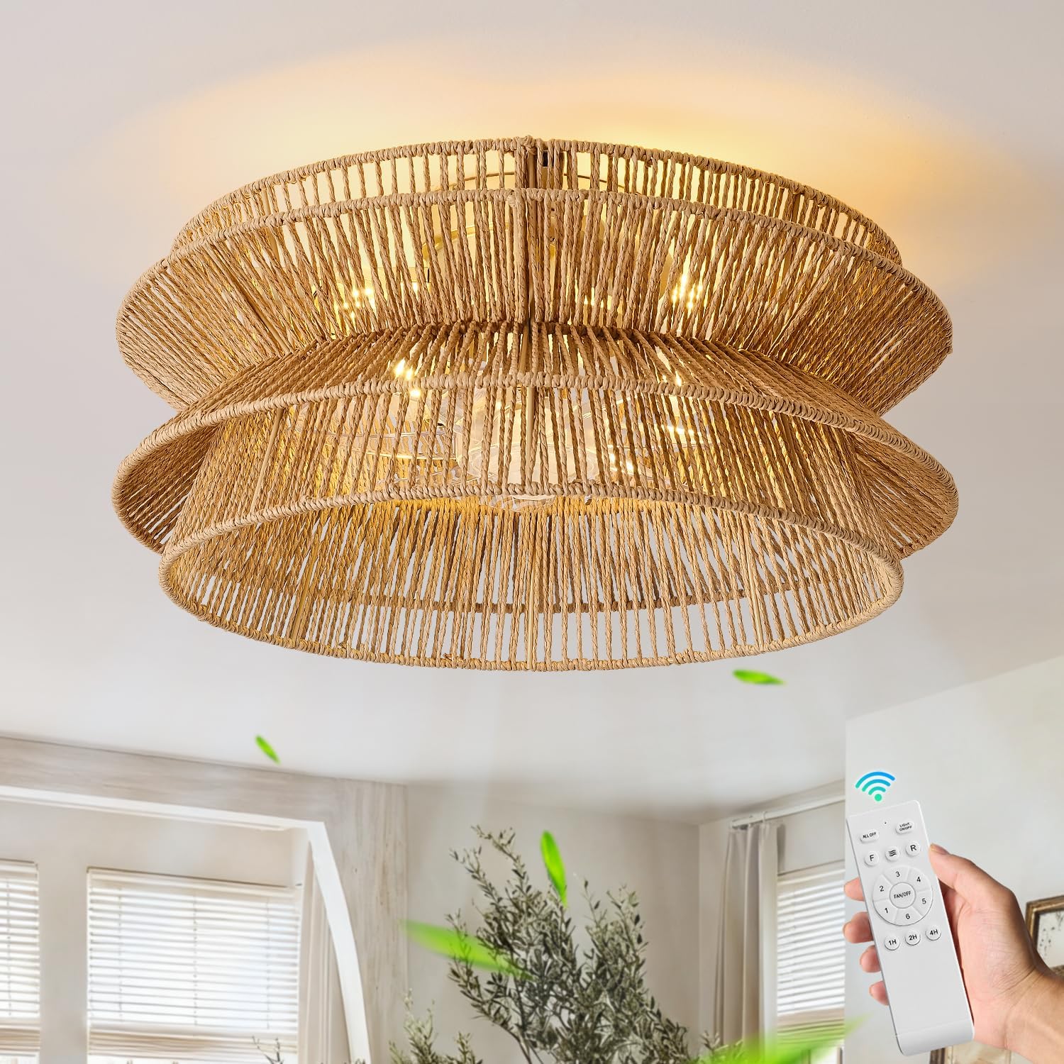 Boho Ceiling Fan with Light, 20'' Coastal Caged Ceiling Fans with Lights and Remote Control, Rattan Flush Mount Fandelier with Reversible 6 Speeds, Low Profile for Bedroom Living Room Dining Room