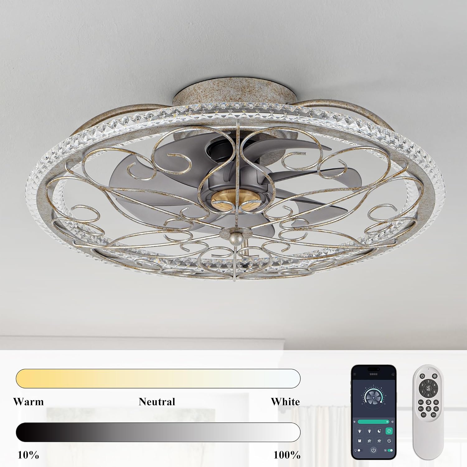 NORFOLK Low Profile Ceiling Fans with Lights and Remote, 20'' Flush Mount Lighting Fan, Smart Bladeless Caged Fandelier, 3 Colors Dimmable LED and 6 Speeds