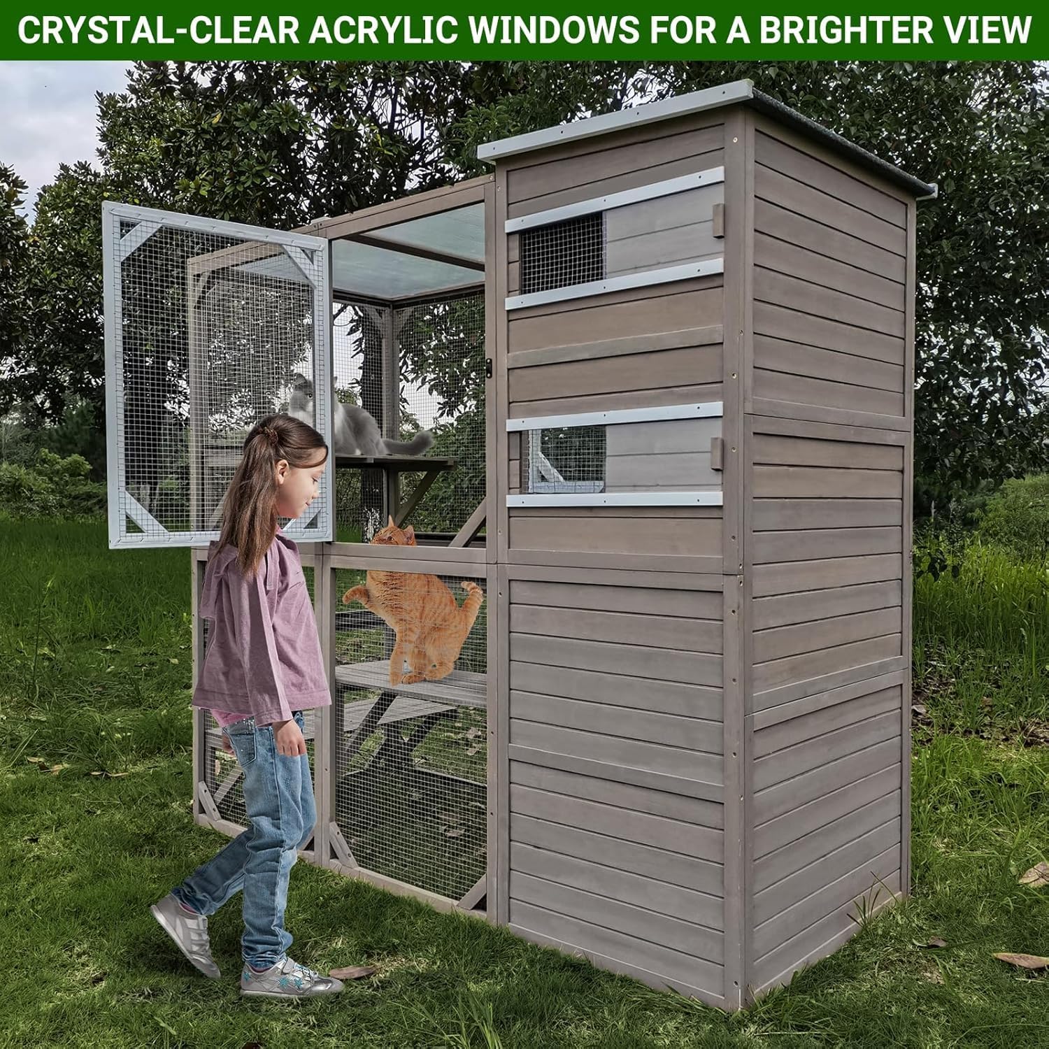 PetsCosset Large Catio Outdoor Cat Enclosure, Weatherproof Cat House Attached to Window for Multi Cats, 4 Story Wooden Kitten Condo Asphalt and UV Protection Roofs, Multi Platforms 153.6' L x 70' H