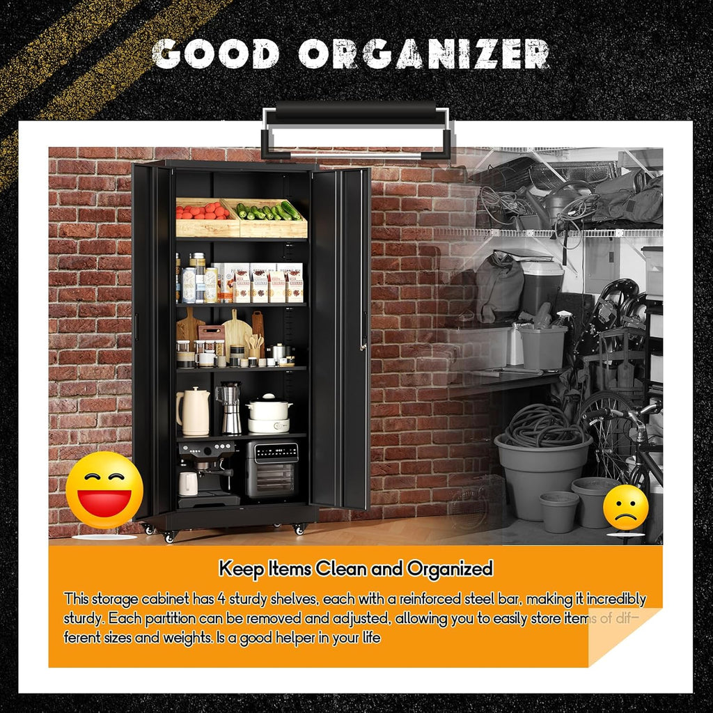 Greenvelly Metal Storage Cabinet with Wheels, 73' Black Metal Rolling Garage Cabinet with 2 Door and Adjustable Shelves,Locking Storage Cabinets for Garage Home Office Utility Room