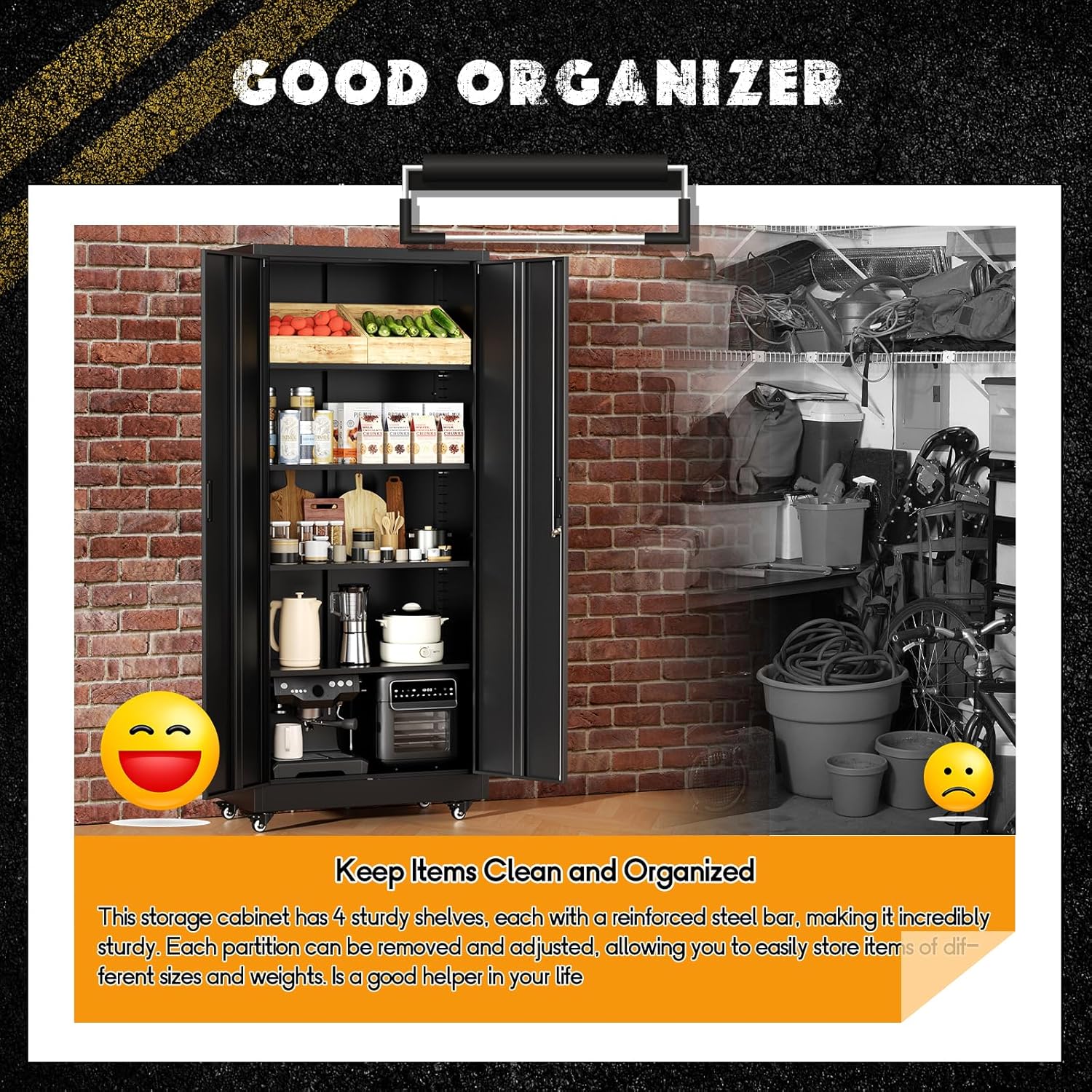 Greenvelly Metal Storage Cabinet with Wheels, 73' Black Metal Rolling Garage Cabinet with 2 Door and Adjustable Shelves,Locking Storage Cabinets for Garage Home Office Utility Room