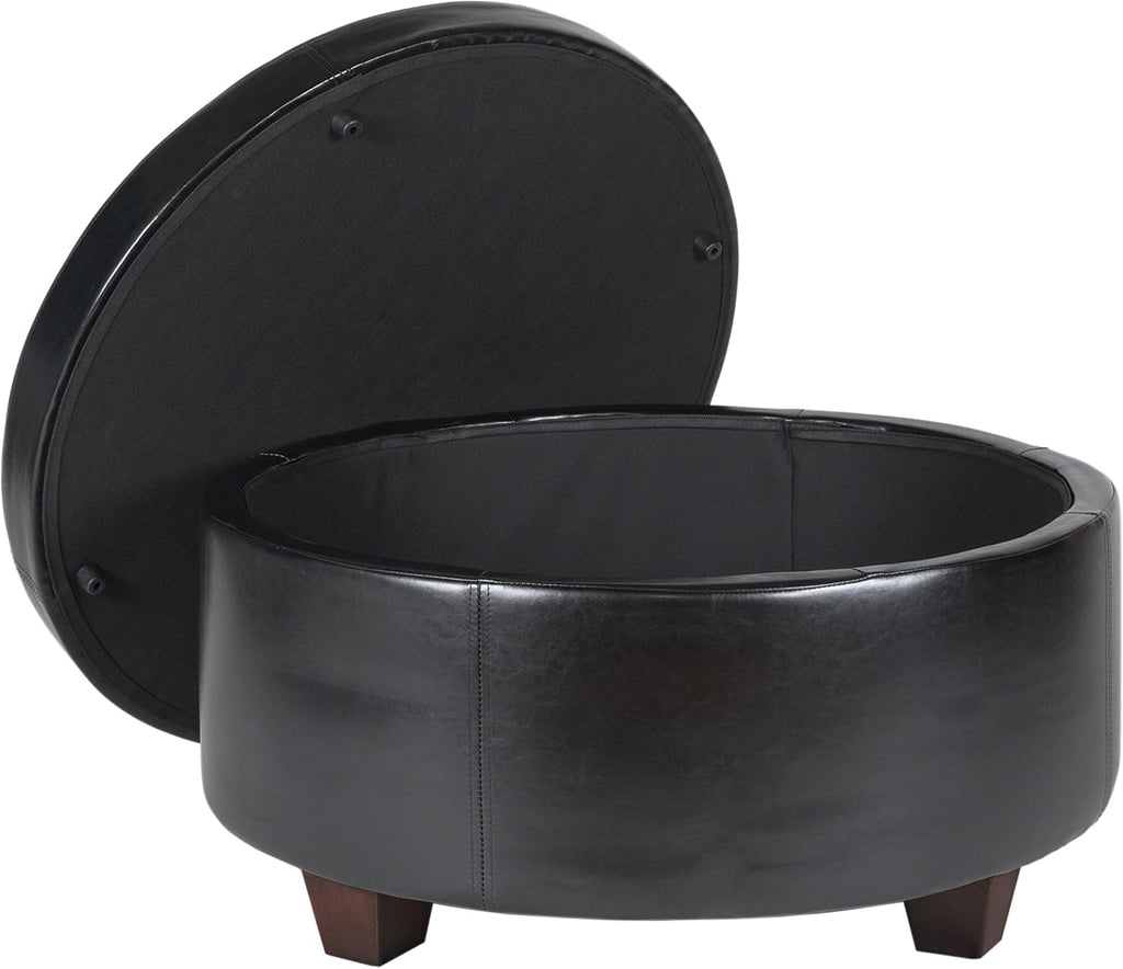 HomePop 32' Large Tufted Round Storage Ottoman - Black Faux Leather