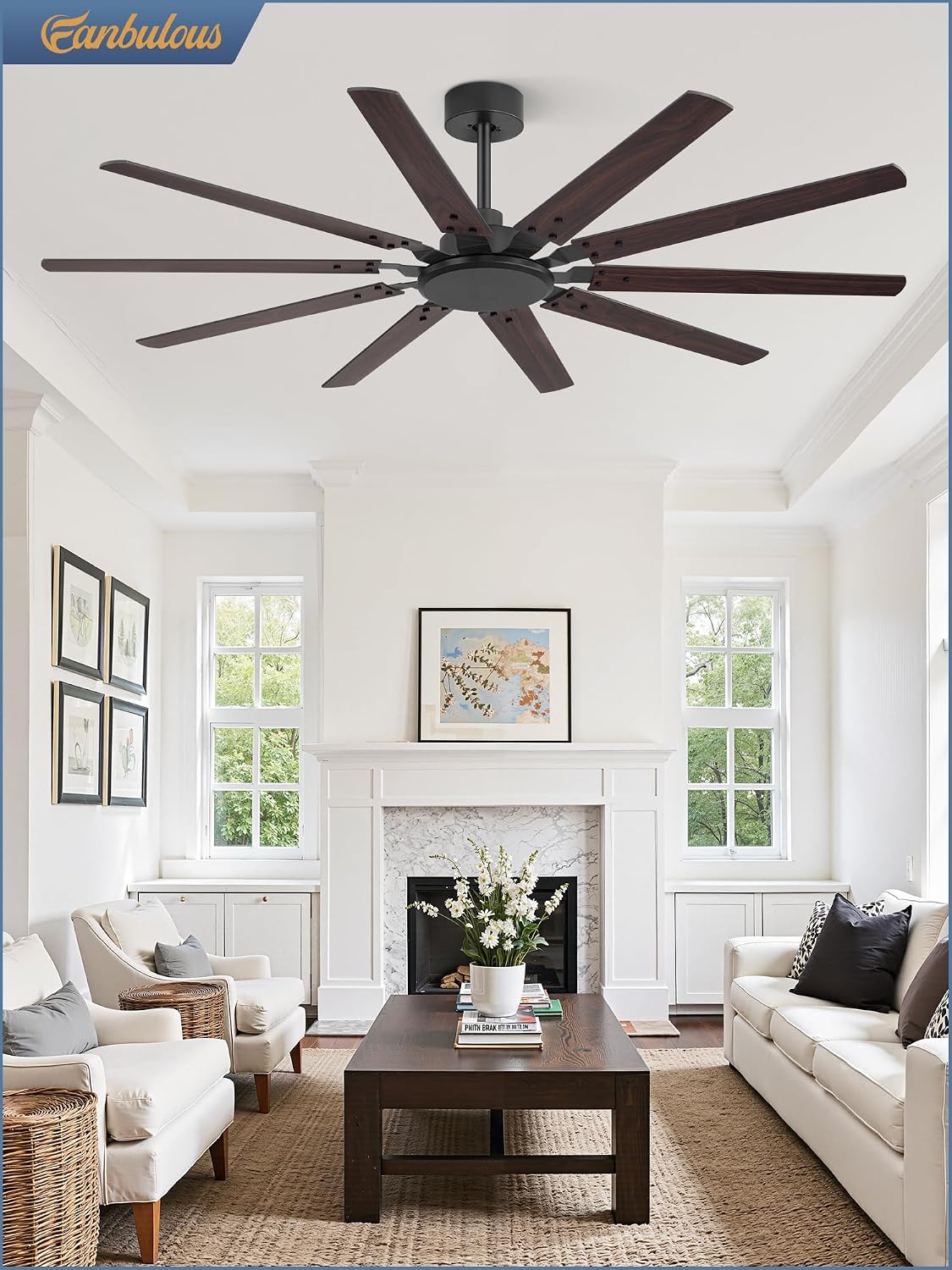 Fanbulous 65 Inch Large Ceiling Fan Without Light, Modern Indoor/Outdoor Ceiling Fans No Light with Remote,6-Speed Reversible Quiet DC Motor, 10 Blade for Bedroom,Living Room,Patio,Garage(Black)