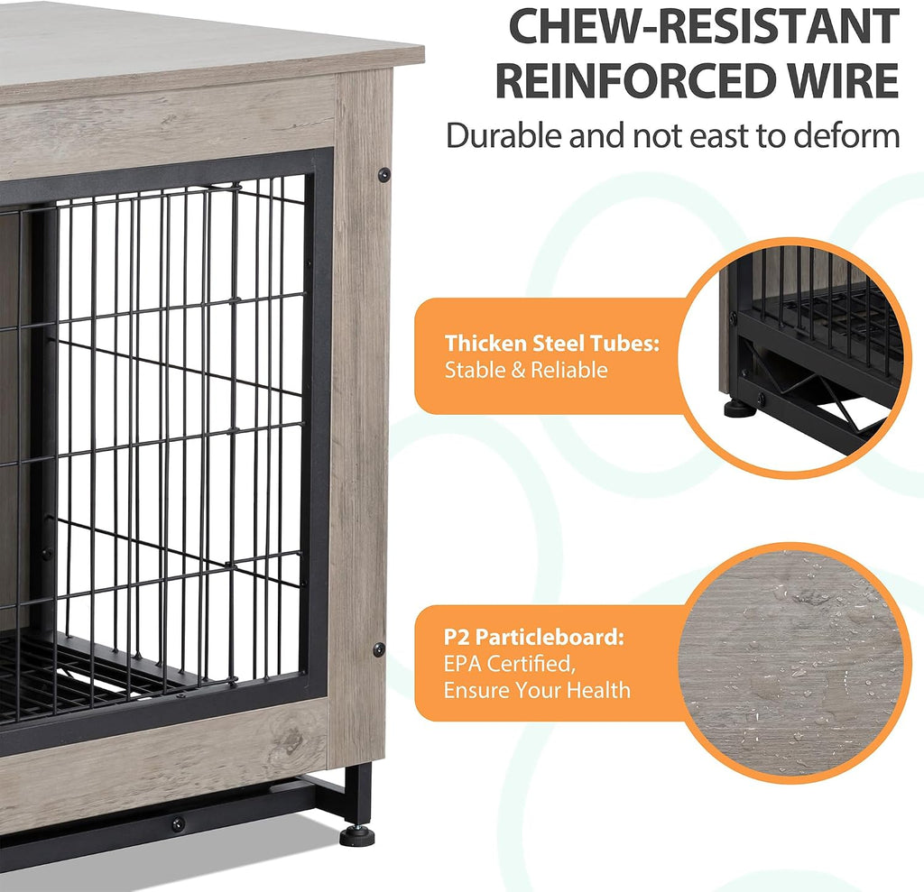 Shintenchi Wooden Dog Crate Furniture for Large Breed, L Double-Door Kennel Indoor with Removable Tray, End Table L Dog Crate for Decoration, 44.1' L, Gray