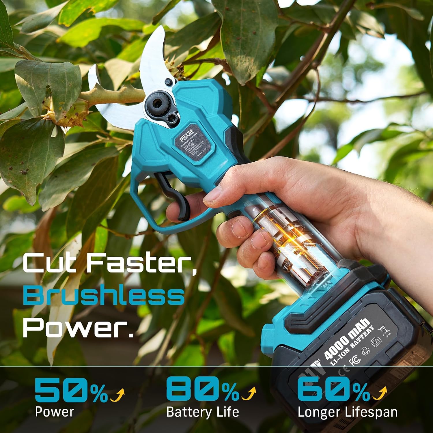 SEESII Pole Electric Pruning Shears: 1.8' Cutting Diameter 2-in-1 Cordless Power Pruner - Brushless Motor, Dual 4.0Ah Batteries, Extra SK5 Blade, 4 Modes Adjustable Branch Cutter for Garden Trimming