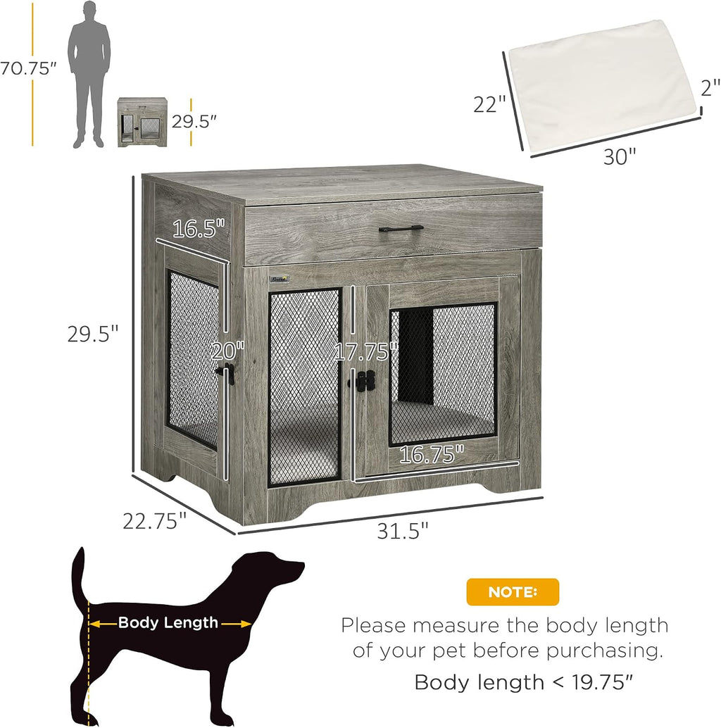 PawHut Dog Crate Furniture with Soft Water-Resistant Cushion, Dog Kennel End Table with Drawer, Puppy Crate for Small Dogs Indoor with 2 Doors, Gray