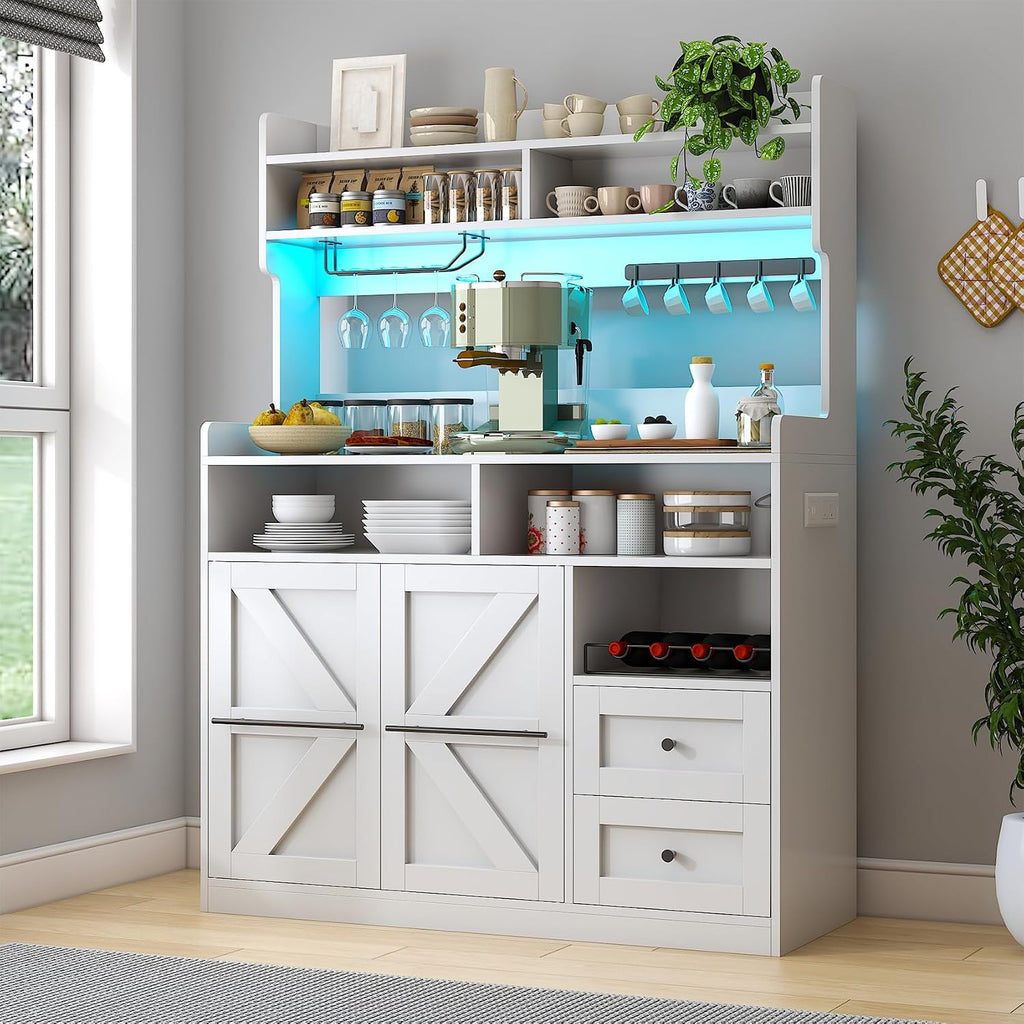 VVFLU Hutch Storage Buffet Cabinet with Drawers, and Charging Station, Coffee Bar Cabinet with Barn Doors, Wine Rack and Hooks, White Wood Sideboard Buffet for Kitchen, Dining Room, 54.5' High