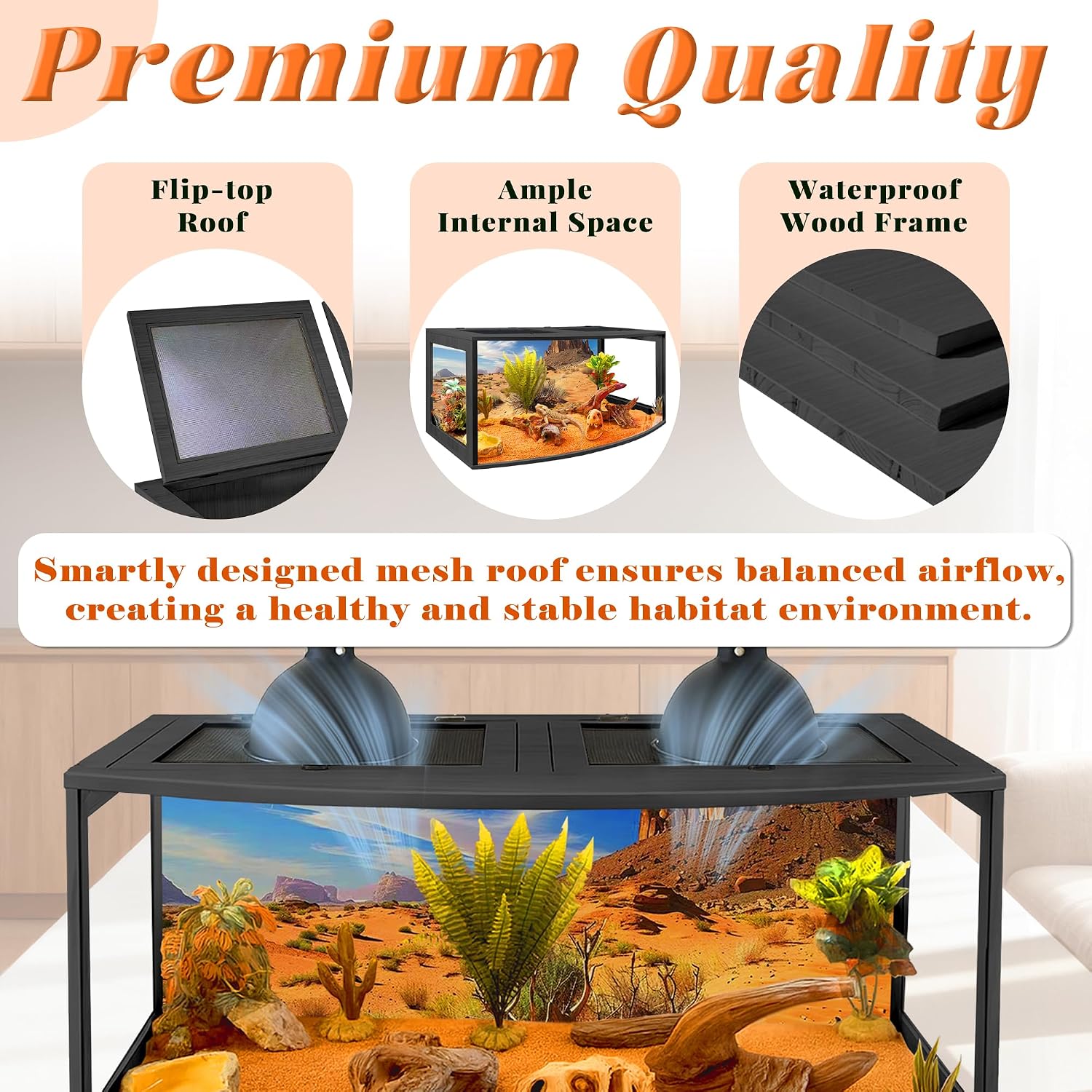 PROLEE Bearded Dragon Tank, Curved Reptile Enclosure with 3-Side Clear Acrylic Panels, Spacious Lizard Tank with Metal Mesh Top and Lockable Door for Reptile Habitat (Black, 32' Length,34 Gallons)