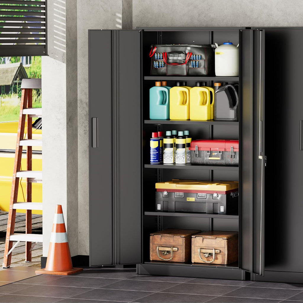 INTERGREAT Garage Storage Cabinet with Doors and Shelves, Metal Storage Cabinets with Lock, Lockable Steel Supply Cabinet for Home Office, Warehouse, Black