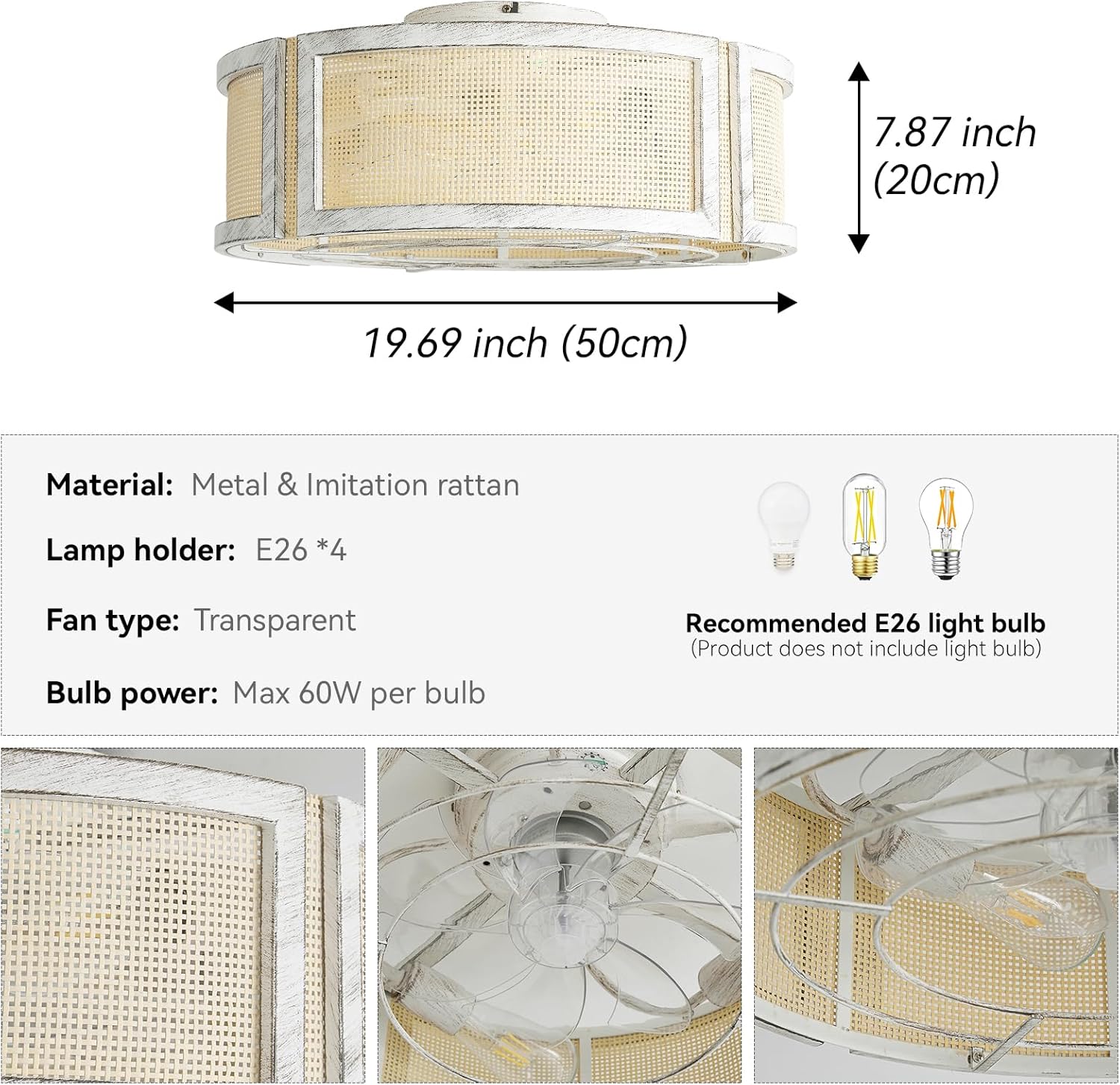 20' Boho Ceiling Fans with Lights, Rattan Flush Mount Ceiling Fan with Light Remote Control with Caged 6 Speeds for Bedroom, Nursery, Living Room (White)