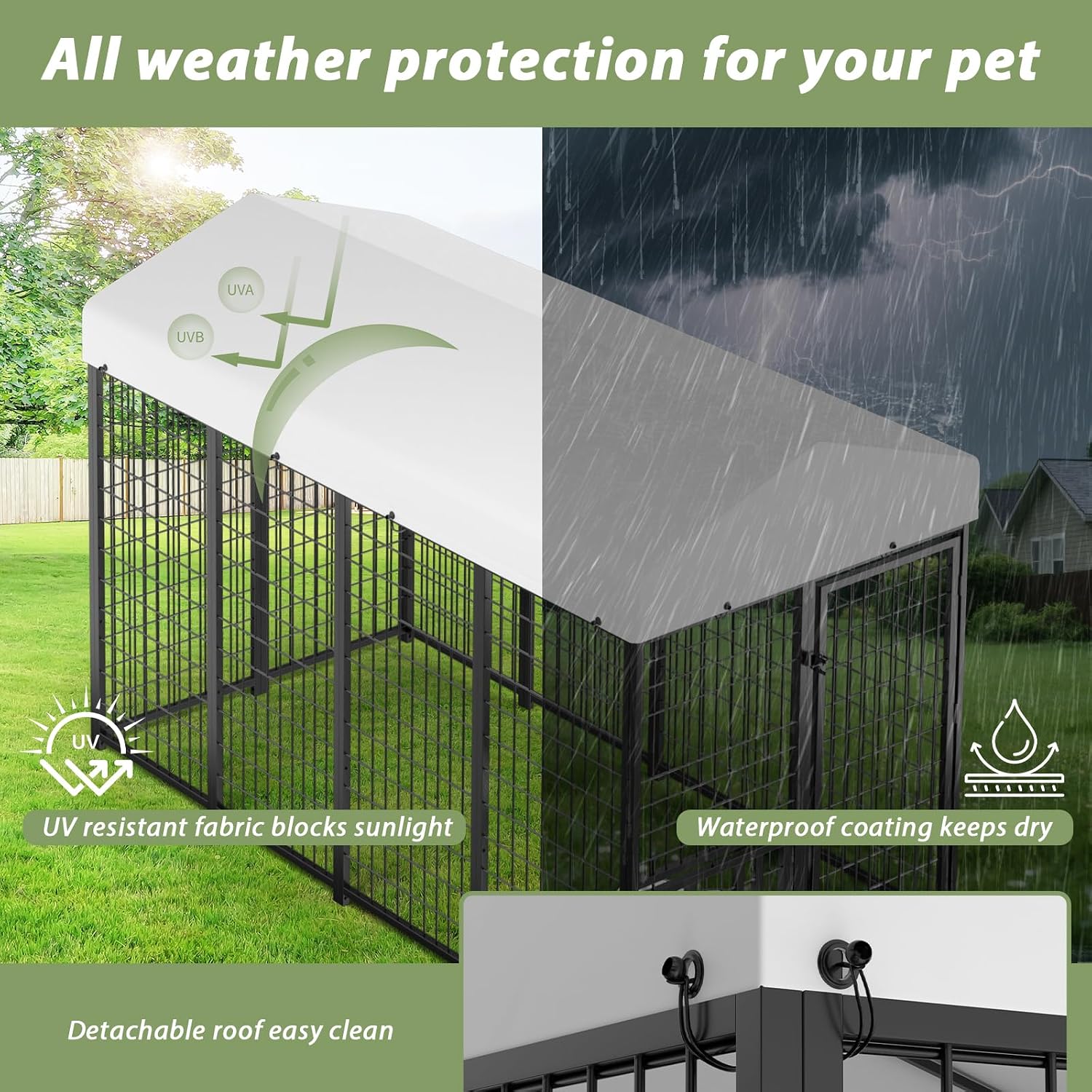 LOVMOR Outdoor Dog Kennel with Roof, Heavy Duty Steel Dog Run Enclosure for Medium Dogs, Waterproof Canopy, Double Latch Door, Adjustable Feeding Bowls, Pet Pen for Yard and Patio, 8'L x 4'W x 5.6'H