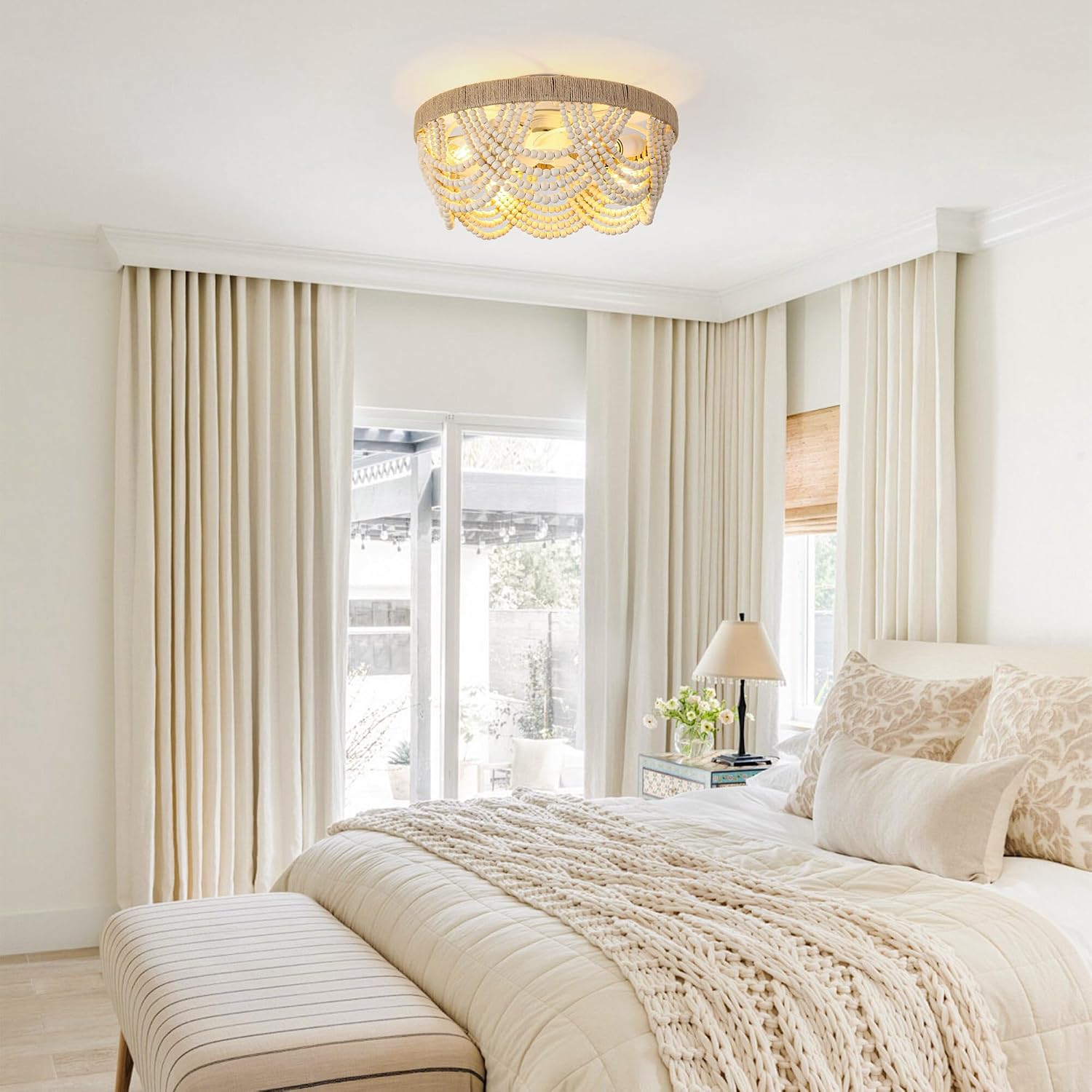 Ceiling Fans with Lights Flush Mount, 20 Inch Bohemia Wood Beaded Chandelier Ceiling Fans with Remote & APP Control, 6-Speed Reversible DC Motor, Low Profile Ceiling Fan for Bedroom Living Room