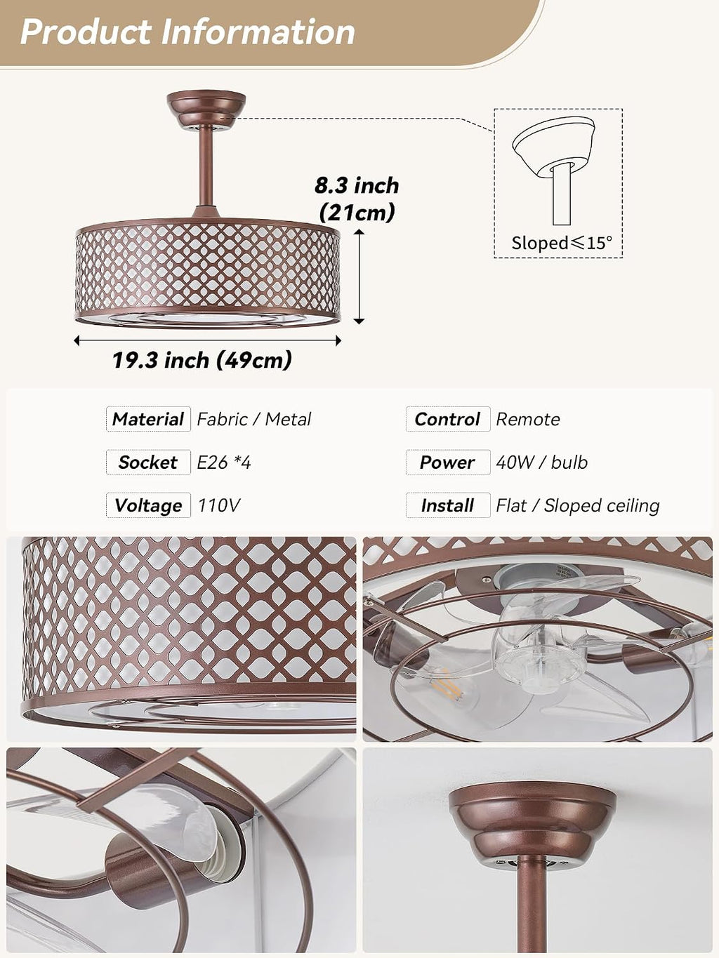 Brown Fandelier Ceiling Fan with Light, 20' Caged Boho Ceiling Fans with Lights and Remote, Mid Century with 6 Speeds for Bedroom, Living Room, Nursery