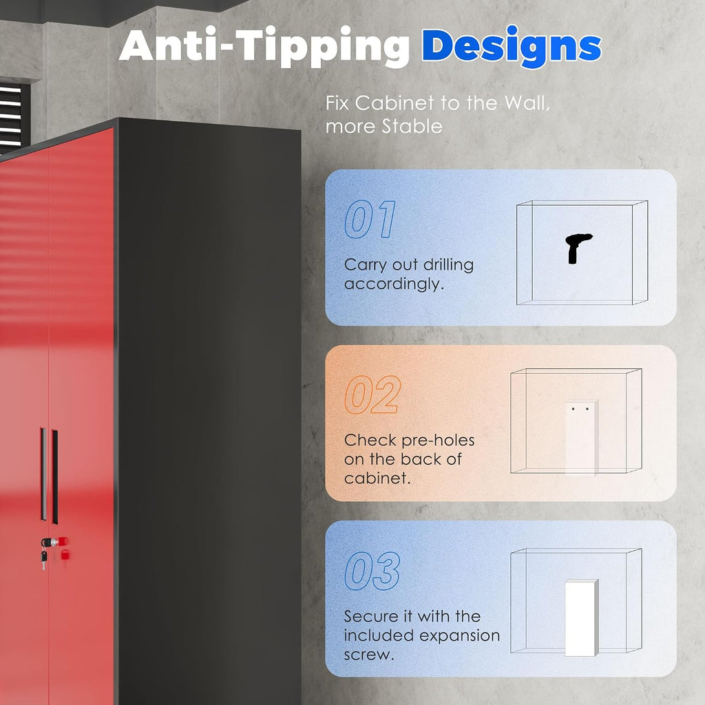 INTERGREAT Storage Cabinet with Doors and Shelves, Metal Garage Storage Cabinets with Lock, Black Lockable Steel Supply Cabinet for Home Office, Warehouse (Black Red)