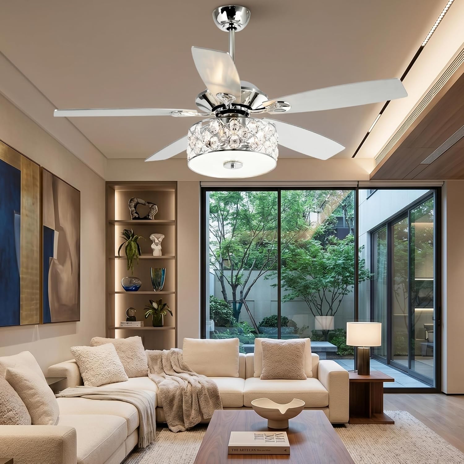 Parrot Uncle 52 Inch Ceiling Fans with Lights and Remote Control, Crystal Chandelier Fans for Bedroom Living Room, Reversible 5-Blade, 3 Speeds, Timer Function, Polished Chrome