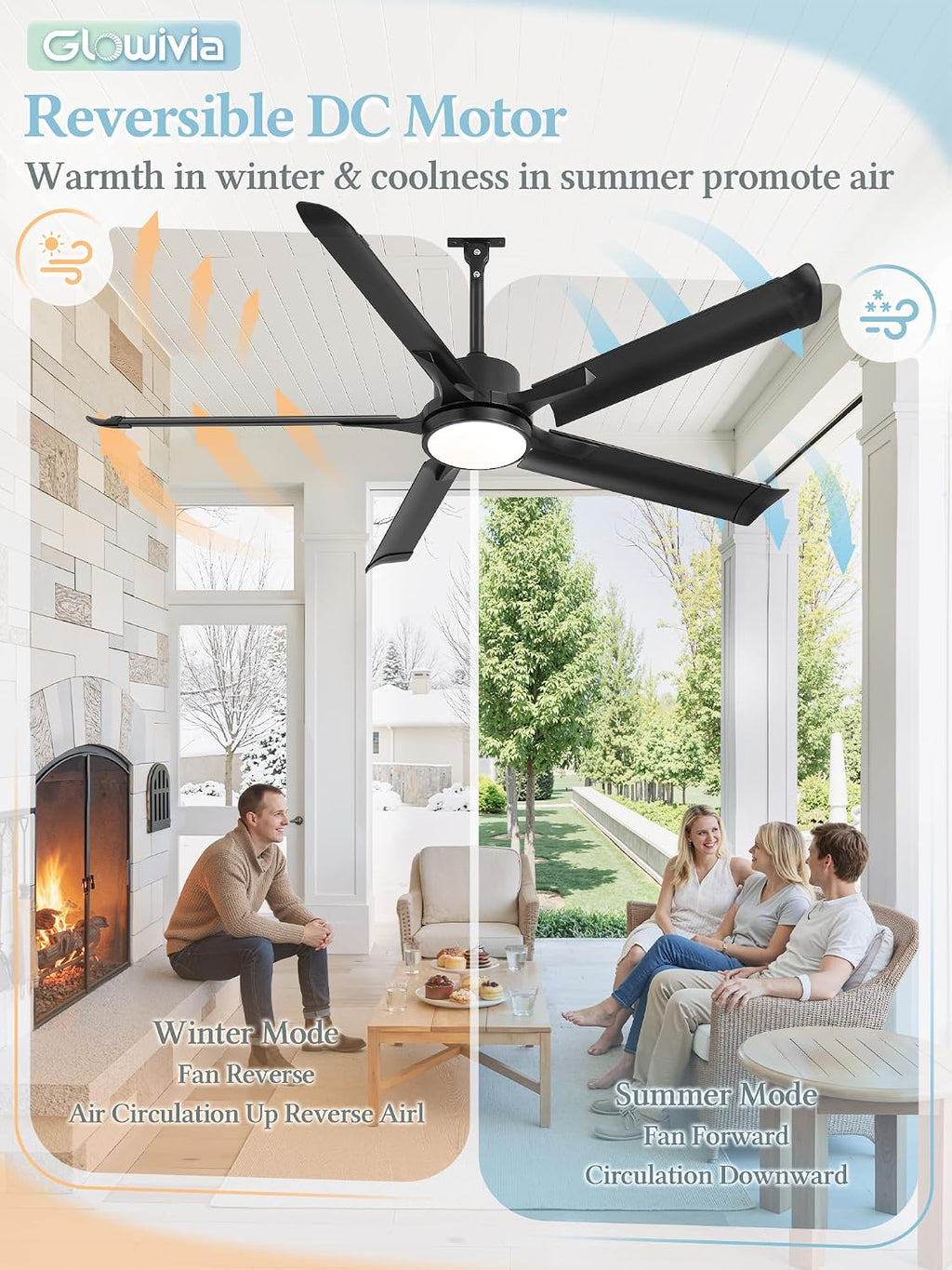 56' Outdoor Ceiling Fan with Lights, IP65 Waterproof Gazebo Fan with Remote Control 6-Speeds DC Motor, Black Plug in Hanging Fan for Patio Porch Pergola(Black)
