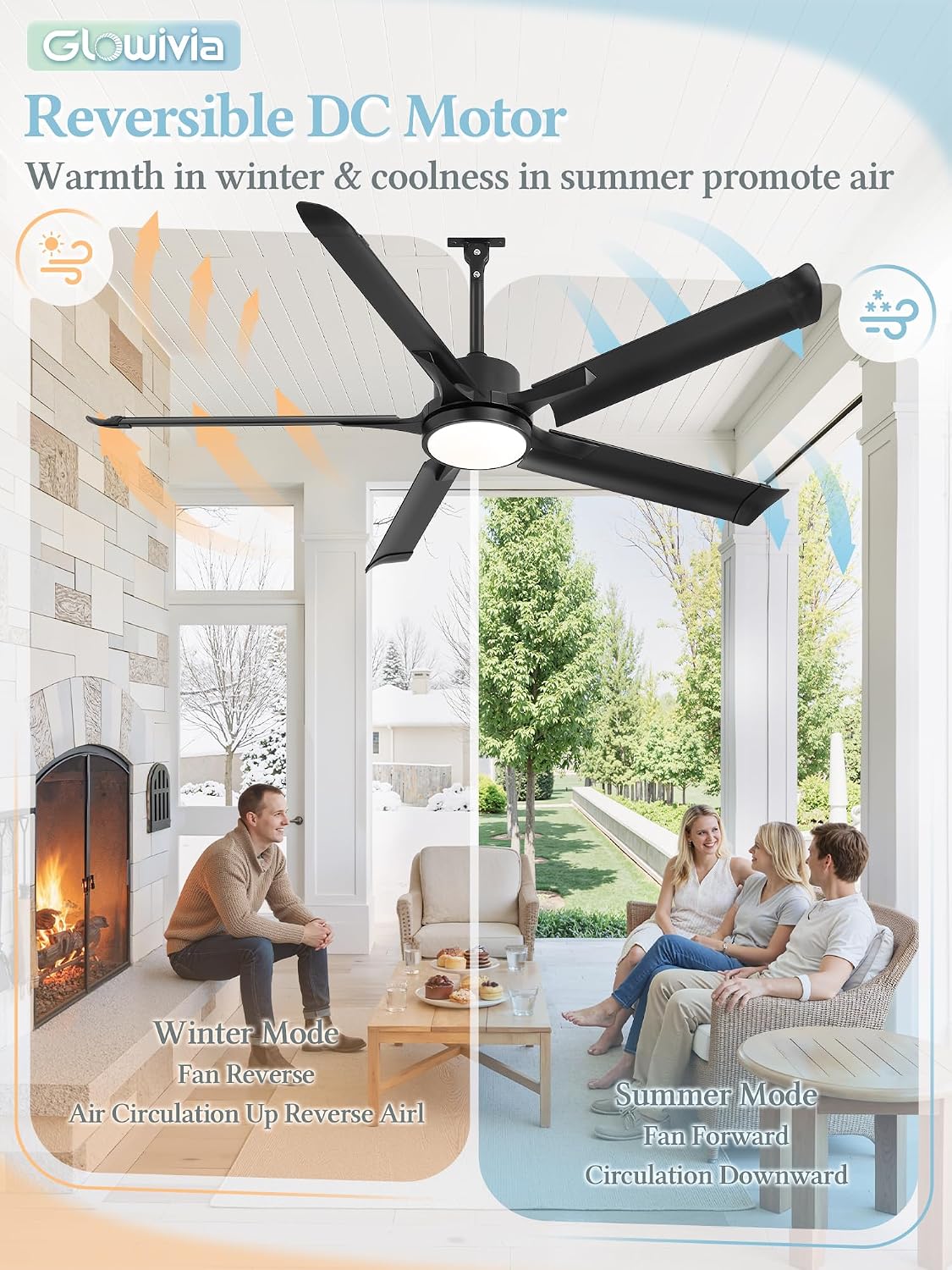 56' Outdoor Ceiling Fan with Lights, IP65 Waterproof Gazebo Fan with Remote Control 6-Speeds DC Motor, Black Plug in Hanging Fan for Patio Porch Pergola(Black)