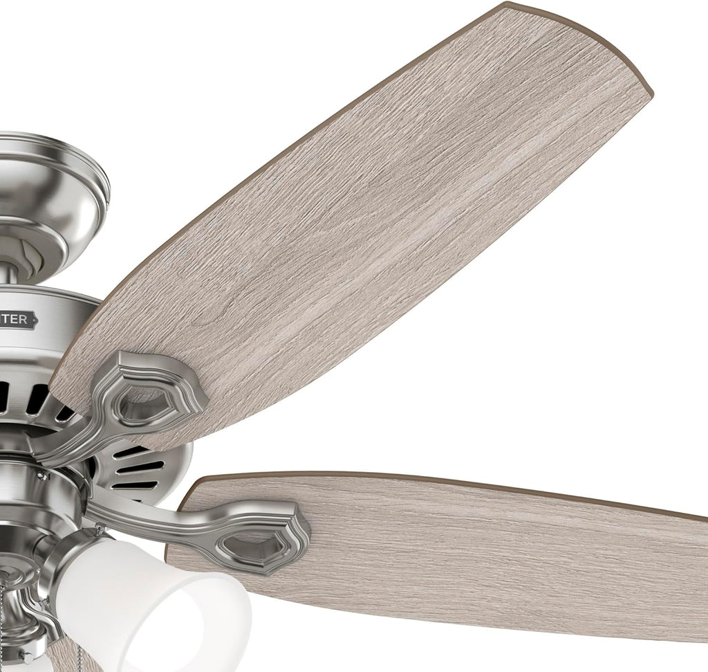 Hunter 52 inch Indoor Ceiling Fan with LED Lights - Ceiling Fan with Pull Chain, For Bedroom or Living Room, Standard Mount, No Remote, 5 Blades, Includes Bulbs - Builder 52729, Brushed Nickel