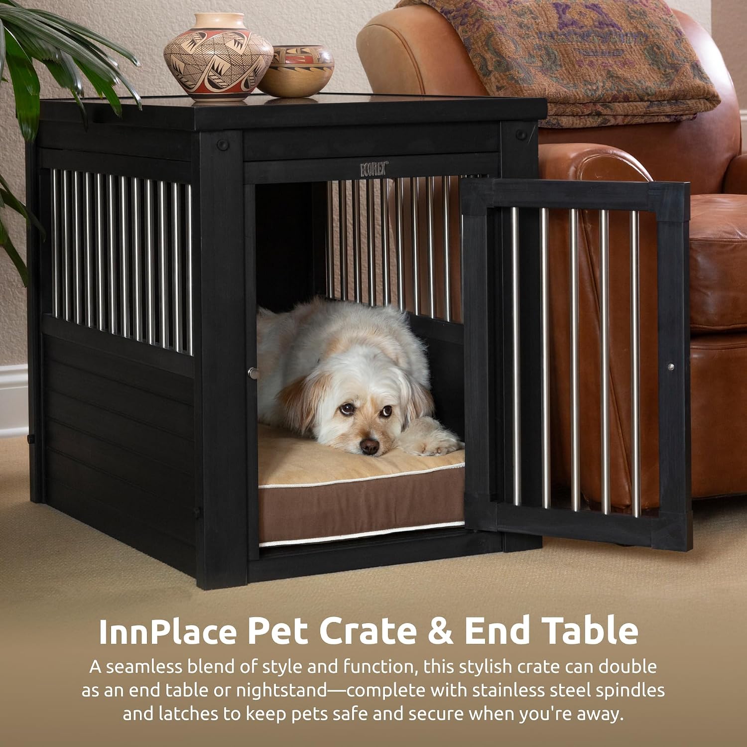 New Age Pet ECOFLEX InnPlace Dog Crate & End Table, Furniture-Style Indoor Kennel for Crate-Trained Dogs, Stainless Steel Spindles, 10-Year Warranty. 4 Colors, 4 Sizes