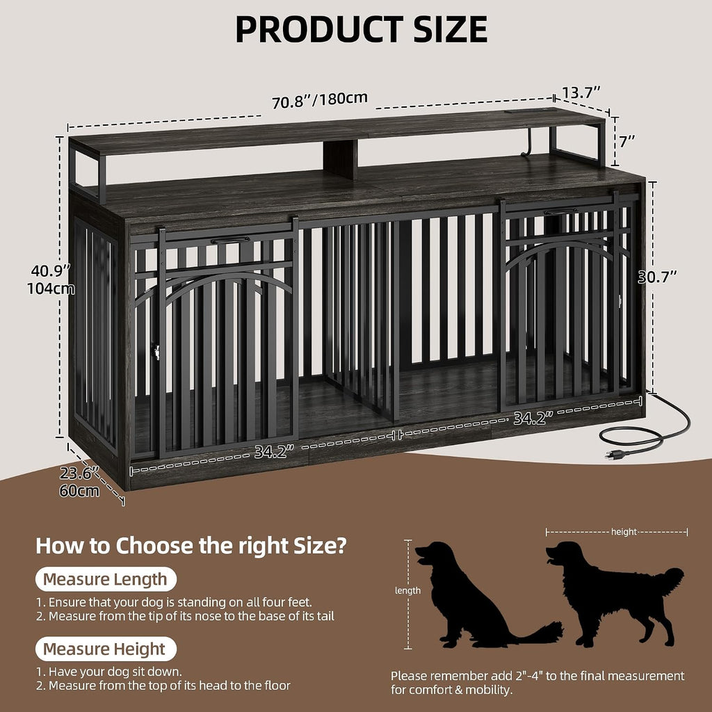 DWVO 71' Double Dog Crate Furniture with LED Light & Power Outlets, Heavy Duty Dual Dog Kennel TV Stand w Storage Shelves Sliding Doors, Wooden Two Dog Cage Table 2 Medium Large Dogs, Black Oak