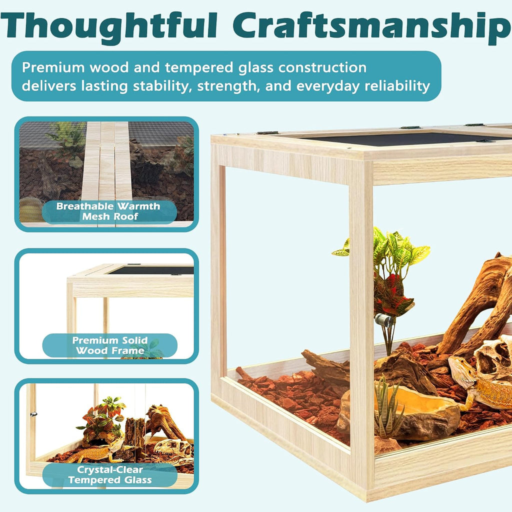 PROLEE Bearded Dragon Tank, Tempered Glass Reptile Encloure and Snake Tank with Metal Mesh Roof Door,Locking Design Reptile Tank for Lizard,Gecko,Chameleon (Oak, 82 Gallon (48x19.5x19.5) Inch)