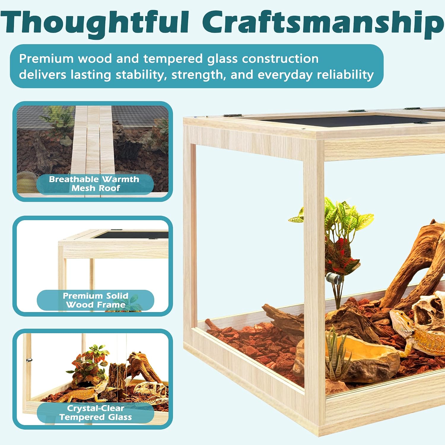 PROLEE Bearded Dragon Tank, Tempered Glass Reptile Encloure and Snake Tank with Metal Mesh Roof Door,Locking Design Reptile Tank for Lizard,Gecko,Chameleon (Oak, 82 Gallon (48x19.5x19.5) Inch)