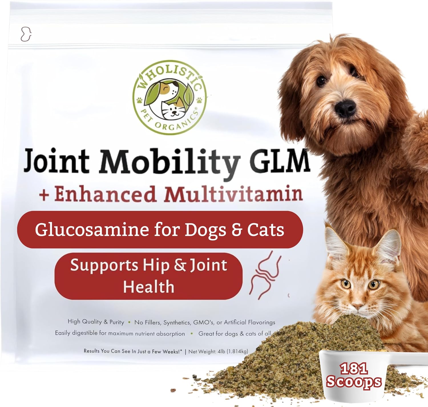 Wholistic Pet Organics - Hip and Joint Supplement for Dogs & Cats - Cat and Dog Joint Supplement - Green Lipped Mussels, Chondroitin, Glucosamine for Dogs & Cat Mobility Support - 4 Lb - 181 Scoops