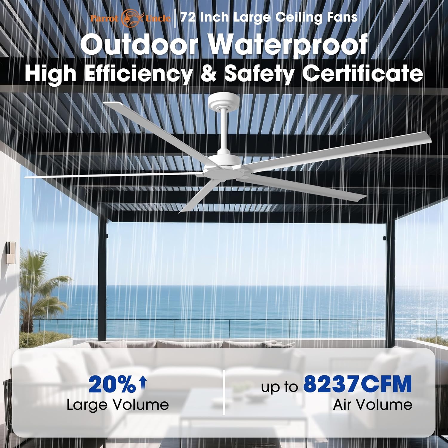 White Ceiling Fan No Light, 72 Inch Waterproof Outdoor Ceiling Fans for Patios, Remote Control, Industrial Ceiling Fans Without Lights, 6-Speed Reversible DC Motor, 5 Aluminum Blades, Timer