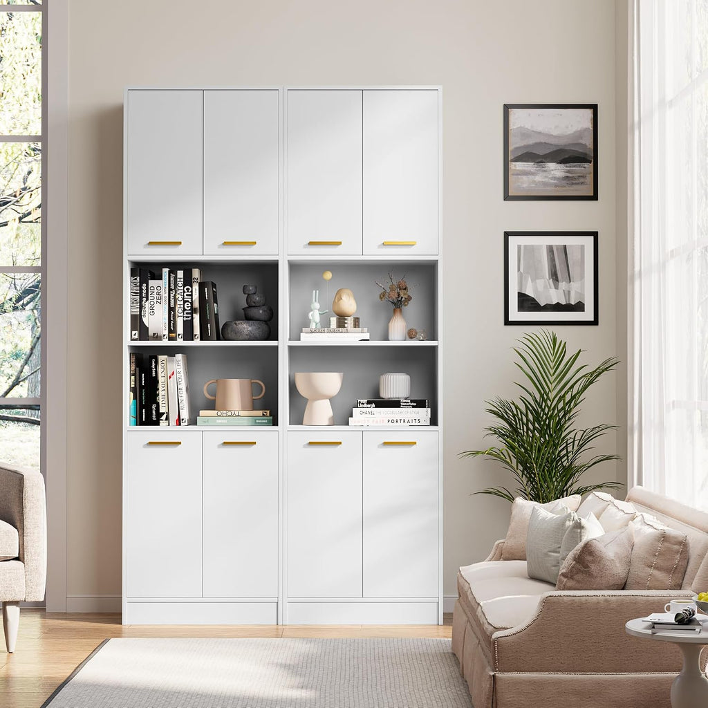 Cozy Castle Kitchen Pantry Cabinet, 75' Tall Wood Storage Cabinet with Doors and Shelves, 4 Doors Open Countertop Utility Hutch Cupboard for Dining Room Living Room Bathroom Furniture, White