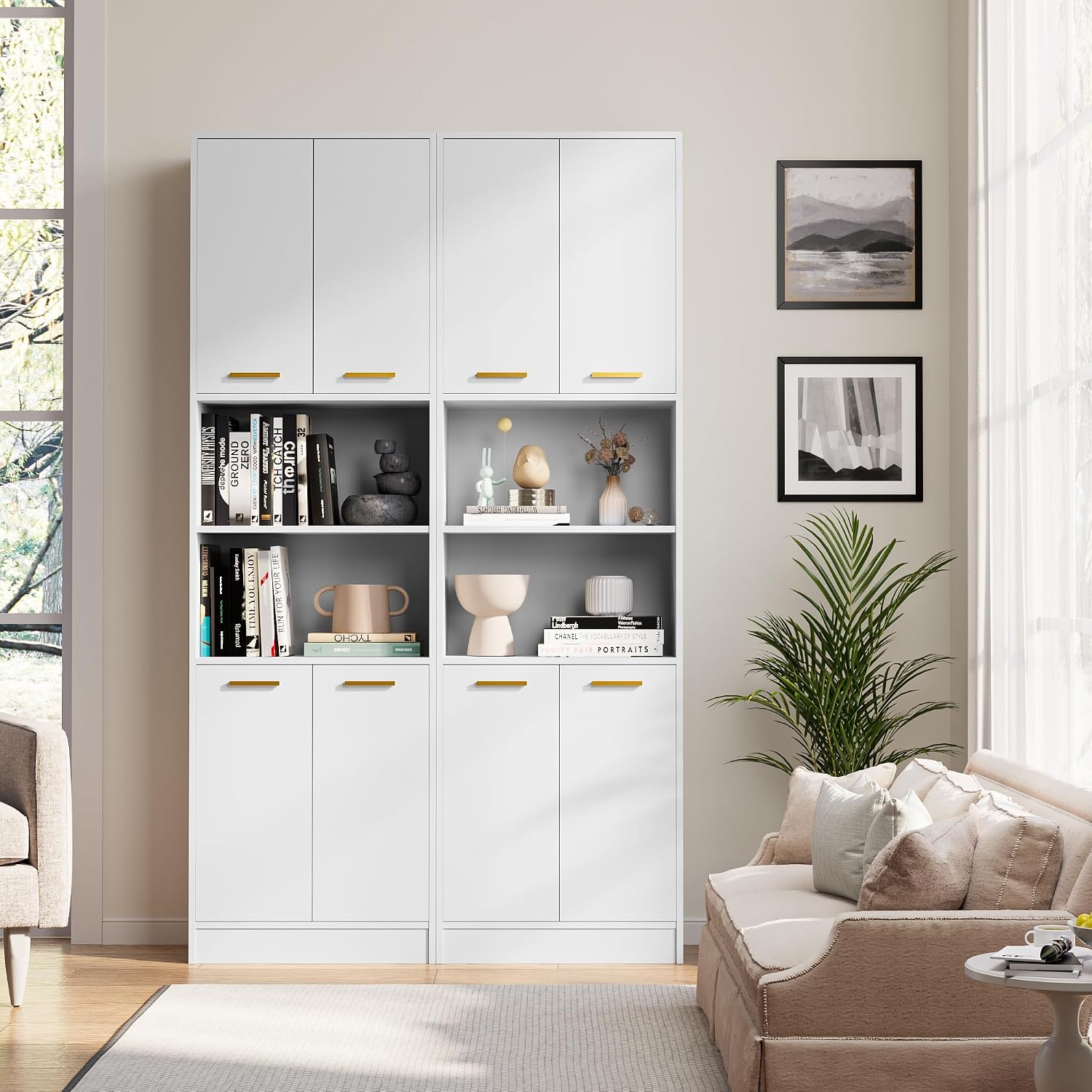 Cozy Castle Kitchen Pantry Cabinet, 75' Tall Wood Storage Cabinet with Doors and Shelves, 4 Doors Open Countertop Utility Hutch Cupboard for Dining Room Living Room Bathroom Furniture, White