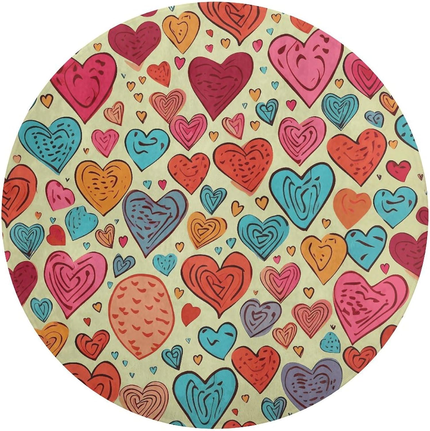 Colorful Heart Pattern Coral Velvet Round Floor Mat Non-Slip Bath Rug Floor Covering for Bathroom Vanity Guest Suite & Vacation Home