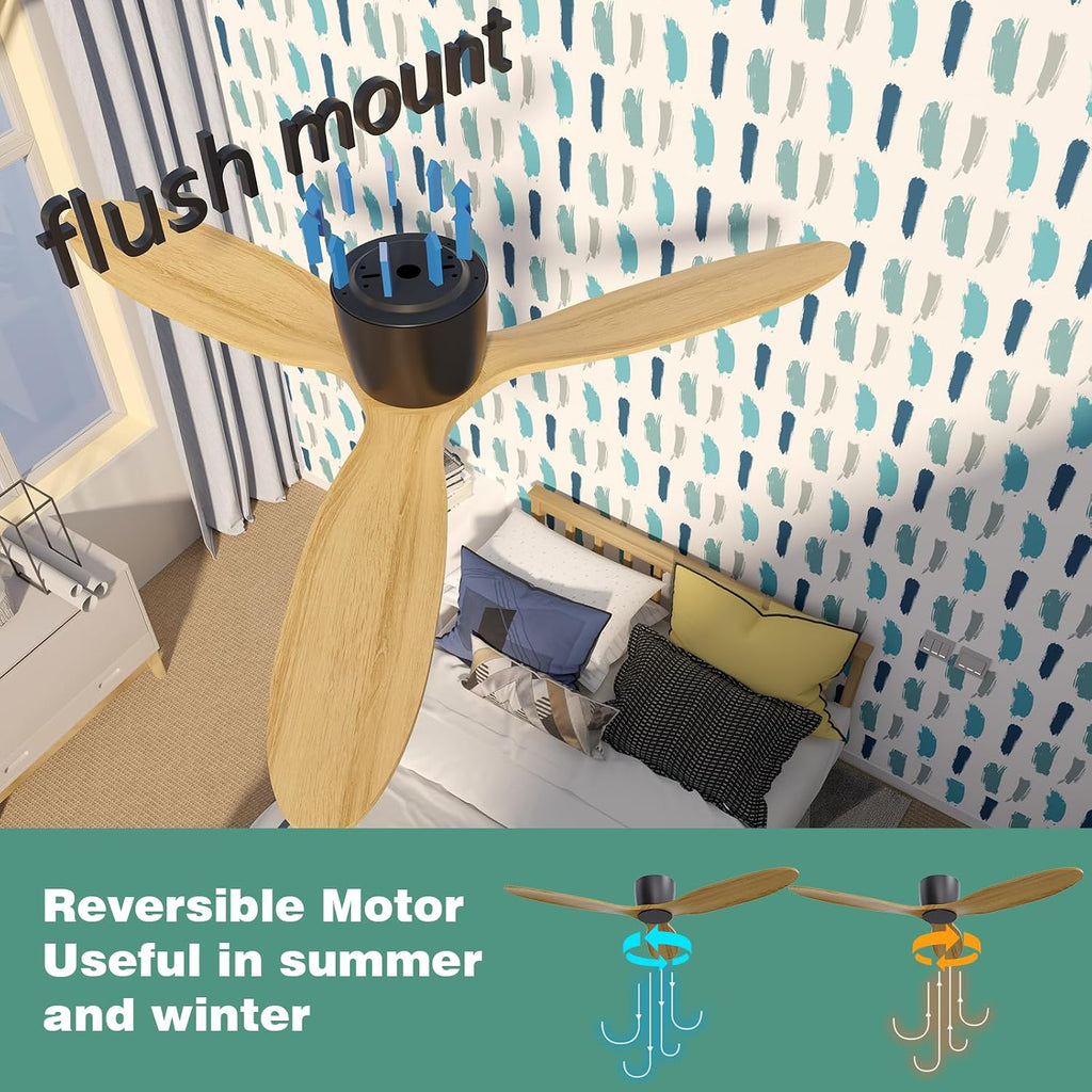 Ceiling Fan no Lights, 52 Inch Low Profile Ceiling Fans without light, Flush Mount Fan with Remote, Modern Natural Wood Ceiling Fan for Bedroom Indoor Outdoor, 6-Speed Reversible DC Motor, Timer