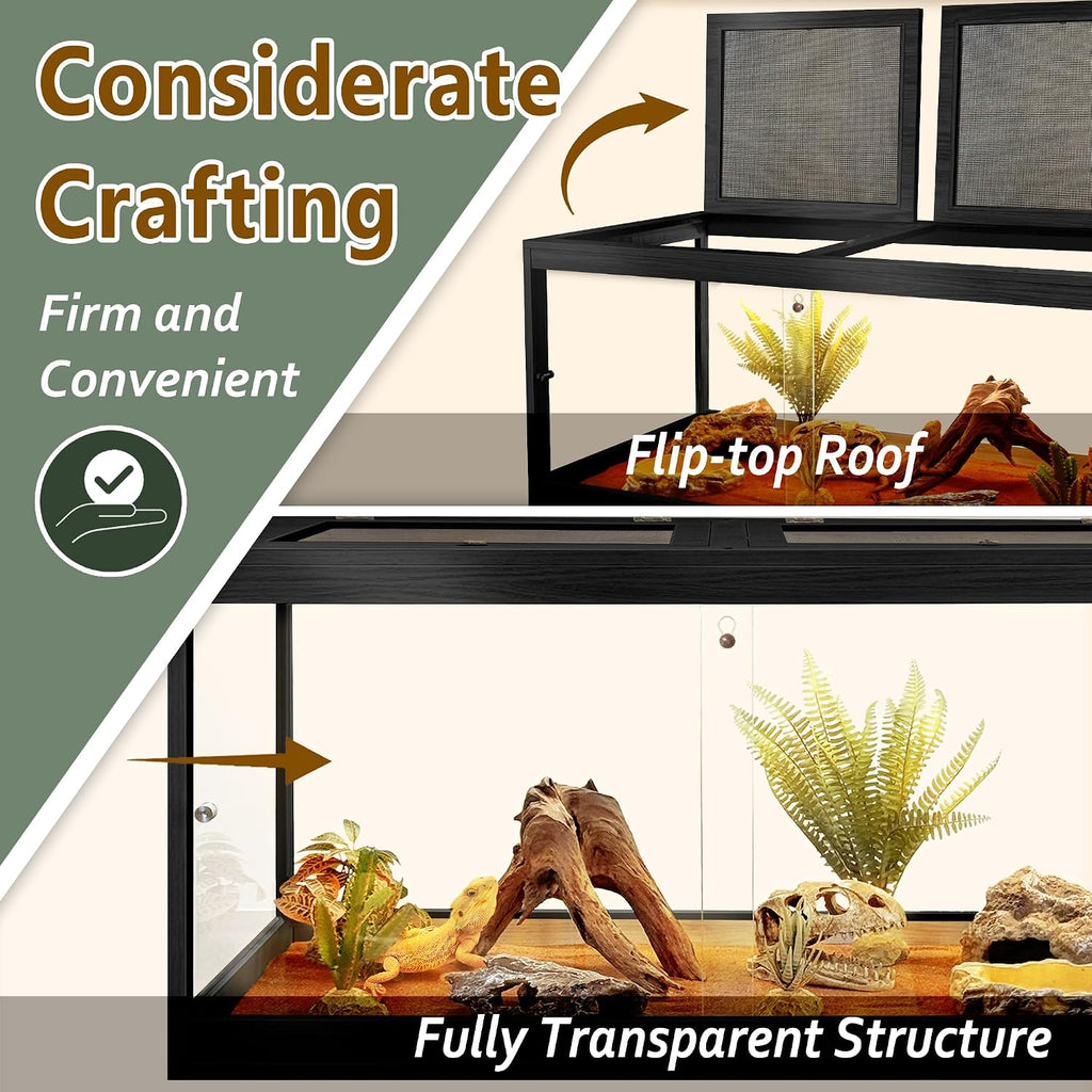 PROLEE Bearded Dragon Tank 34 Gallon, Tempered Glass Reptile Tank with Meatl Mesh Roof and Front Sliding Door, Anti-Scratch Lizard Tank, Spacious Reptile Enclosure for Snakes,Lguanas (Black)