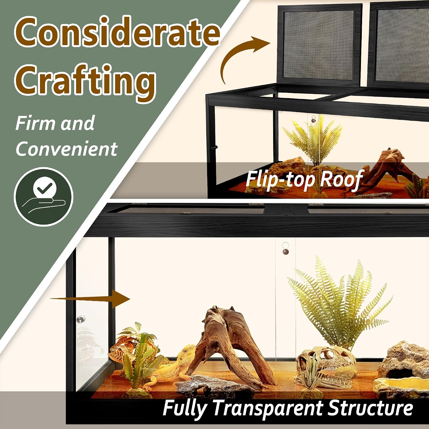 PROLEE Bearded Dragon Tank 34 Gallon, Tempered Glass Reptile Tank with Meatl Mesh Roof and Front Sliding Door, Anti-Scratch Lizard Tank, Spacious Reptile Enclosure for Snakes,Lguanas (Black)