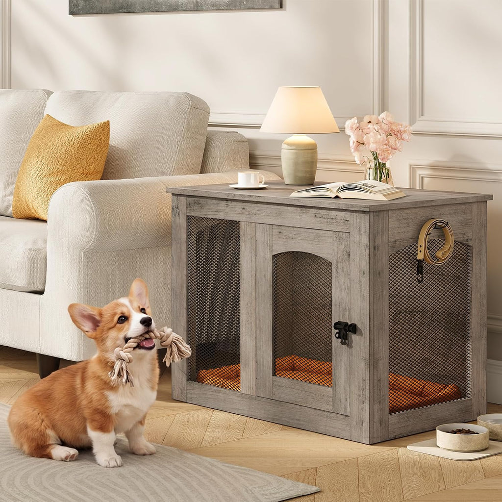 CHOEZON Wooden 30.1' Dog Crate Furniture, Farmhouse Pet Cage End Table with Secure Lock, Ventilated Mesh for Medium Dogs, Dog Kennel Furniture for Living Room, Bedroom, Greige MGW02FH