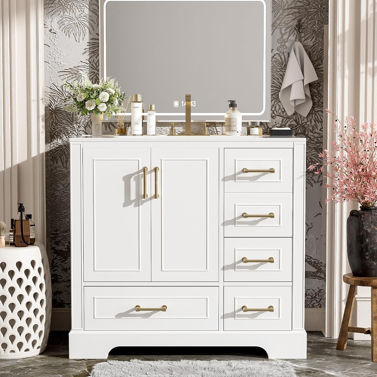 LUMISOL 36'' Bathroom Vanity with Ceramic Sink, Freestanding Vanity with Single Sink, Modern Bathroom Storage Cabinet with Soft Close Doors & Drawers for Guest Bath, Master Suite, Rental, White