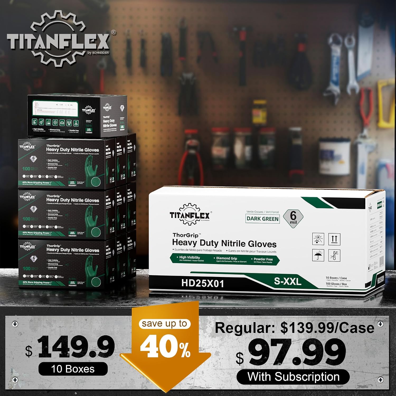 TitanFlex Heavy Duty Industrial Nitrile Gloves with Raised Diamond Texture, 6-mil, Latex Free (Dark Green/Yellow)