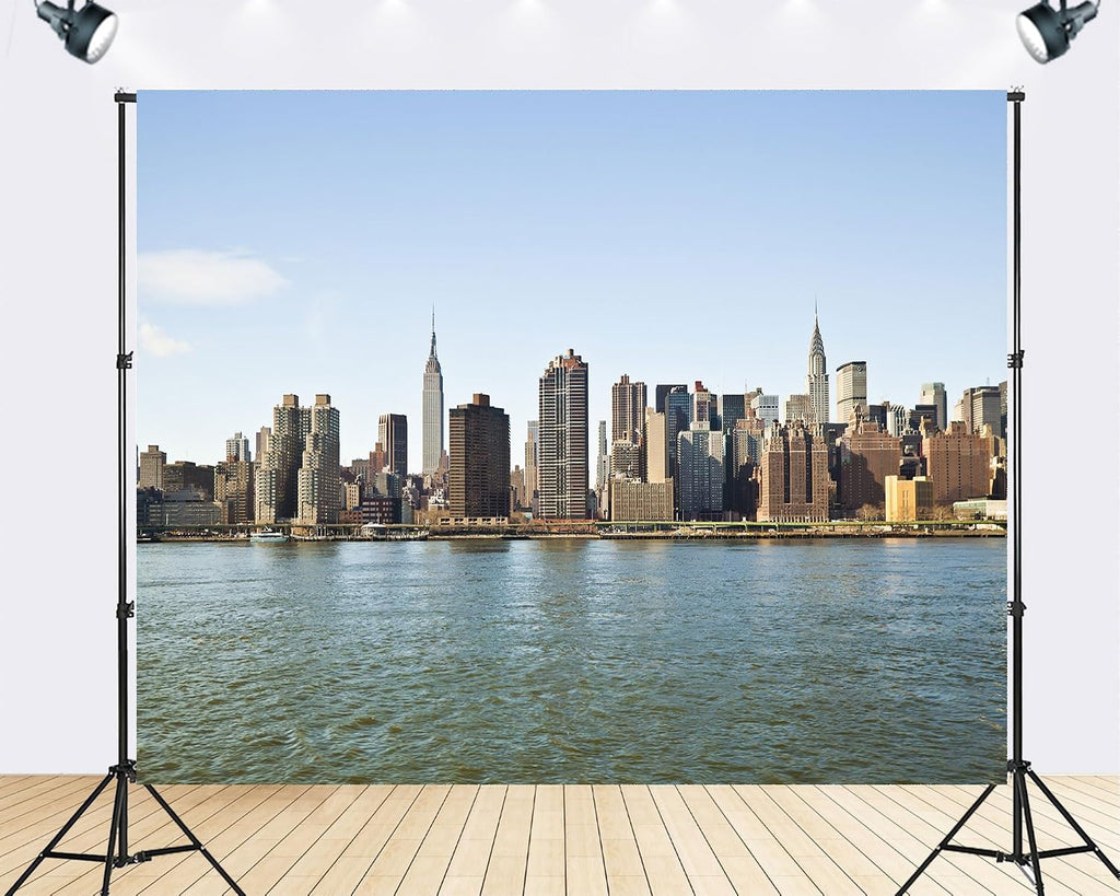 Trykid 20x10ft Urban Skyline Backdrop Manhattan Skyscrapers Riverfront Clear Blue Sky Photography Background Cityscape Travel Shoot Tapestry Party Decoration Photo Studio Prop Fabric