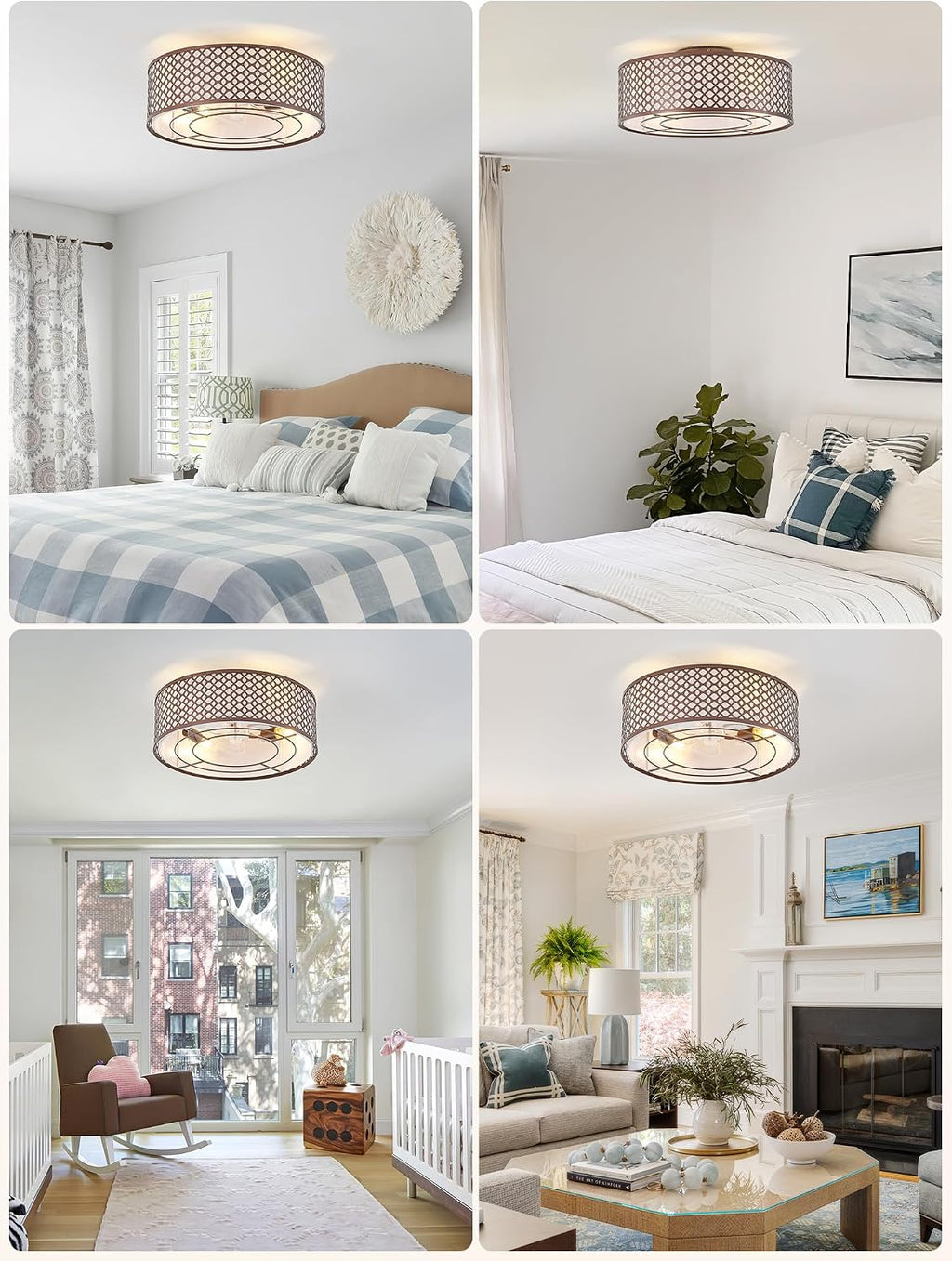 20' Brown Ceiling Fan with Light Flush Mount, Caged Farmhouse Ceiling Fans with Lights Remote Control, Round with 6 Speeds for Bedroom, Nursery, Living Room