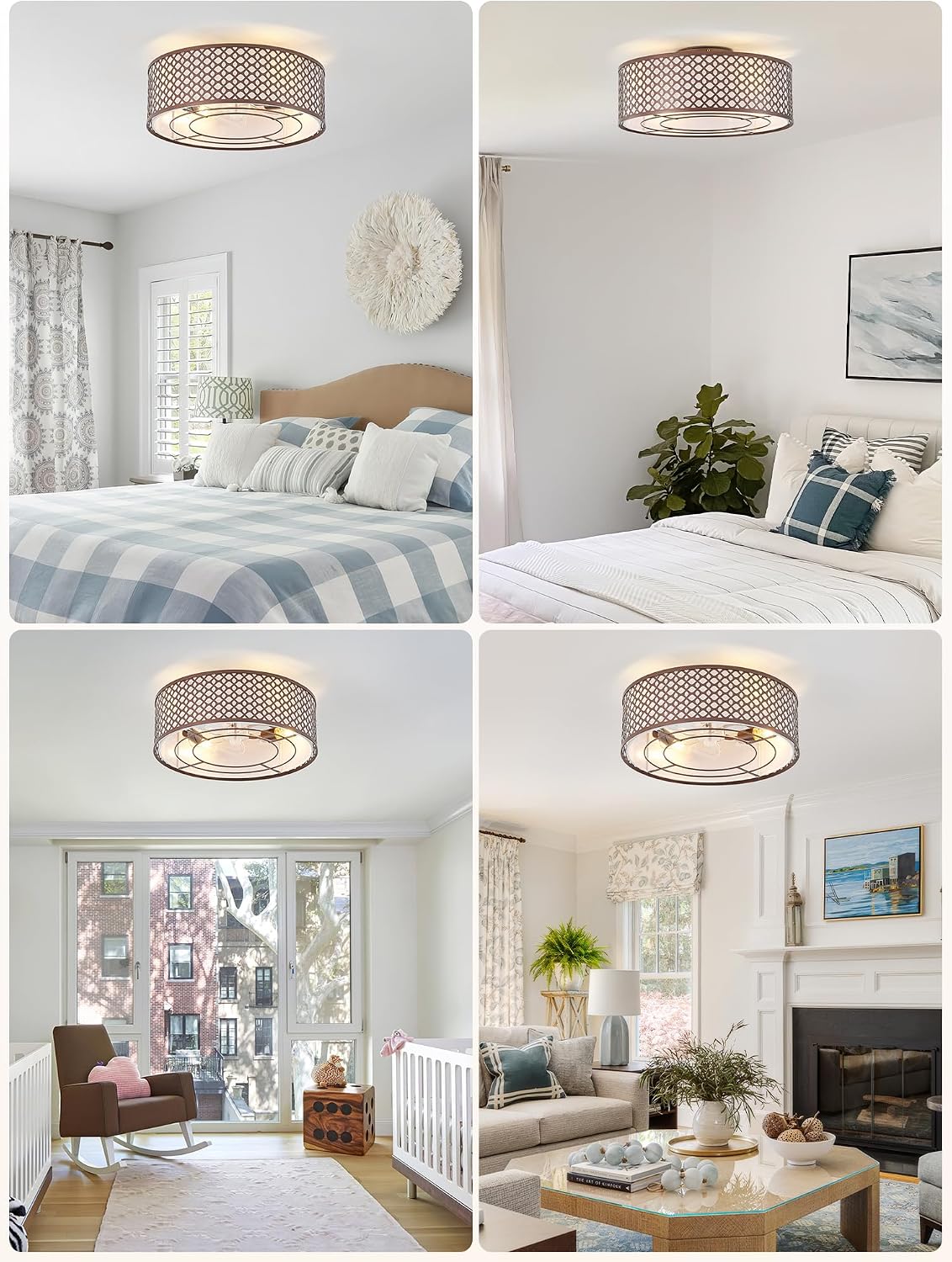 20' Brown Ceiling Fan with Light Flush Mount, Caged Farmhouse Ceiling Fans with Lights Remote Control, Round with 6 Speeds for Bedroom, Nursery, Living Room