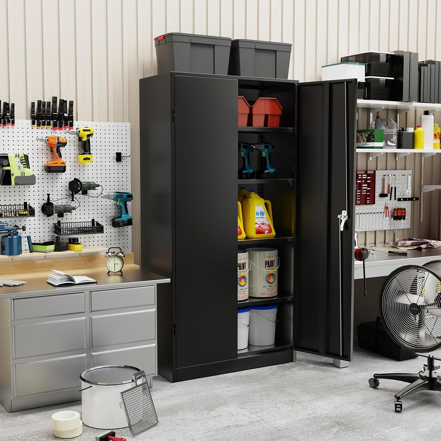 Oakcloud 72' Metal Storage Cabinet Tool Organizer, Lockable Garage Storage Tool Cabinets for Office, Home, School, Locking File Cabinet with 2 Doors and 4 Adjustable Shelves (72' Wide-Black)