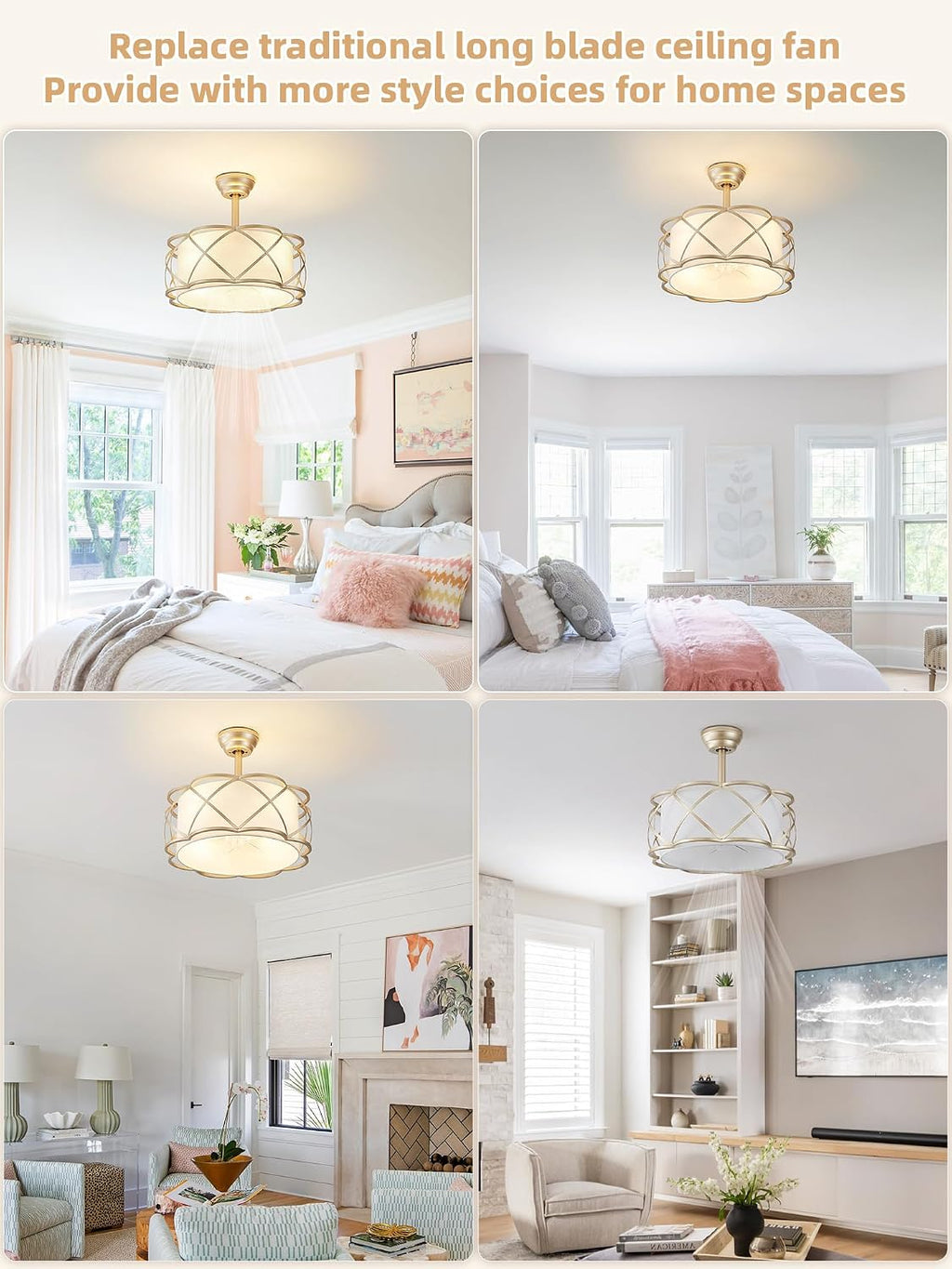 Gold Fandelier Ceiling Fans with Lights, 20' Mid Century Boho Chandelier Ceiling Fan Remote Control with 6 Speeds for Bedroom, Nursery, Living Room
