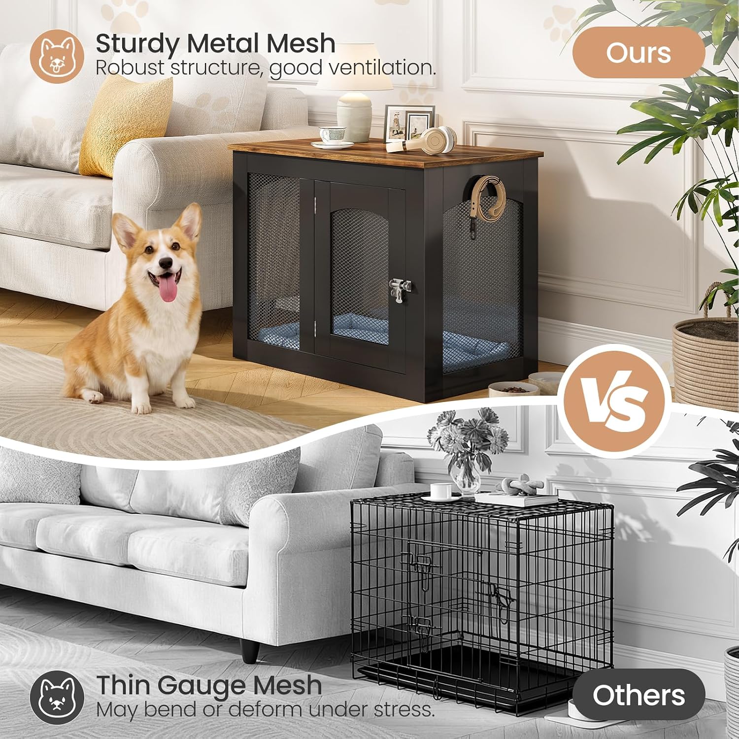 CHOEZON Wooden 30.1' Dog Crate Furniture, Farmhouse Pet Cage End Table with Secure Lock, Ventilated Mesh for Medium Dogs, Dog Kennel Furniture for Living Room, Bedroom, Black and Walnut MGW02BL