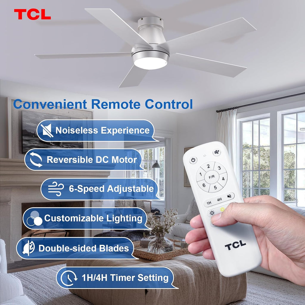 TCL 52' Ceiling Fan with Lights, Silver Flush Mount, 5 Blade Low Profile, 6 Speeds DC Reversible, Dimmable, Modern for Bedroom, Living Room and Garage