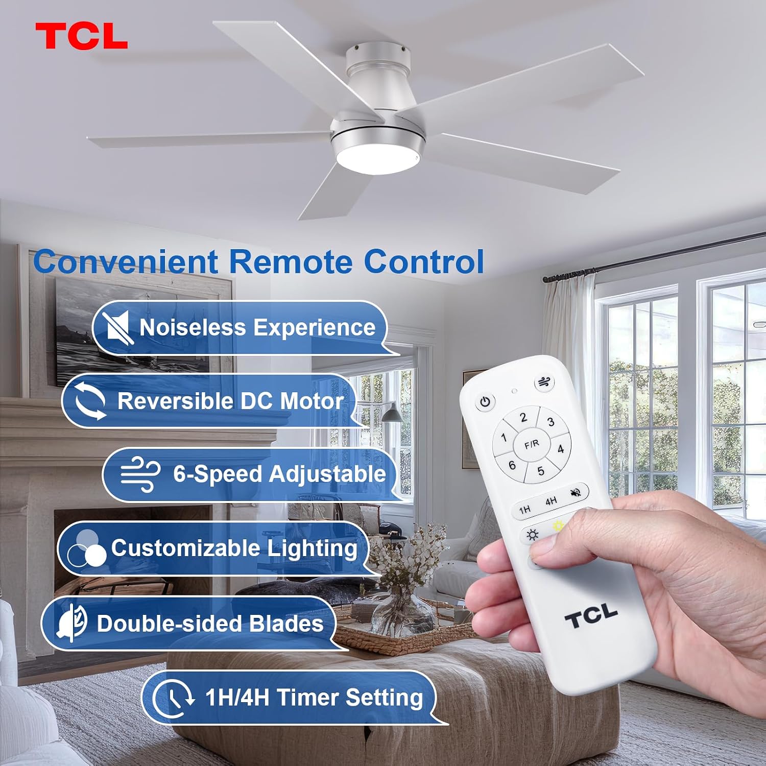 TCL 52' Ceiling Fan with Lights, Silver Flush Mount, 5 Blade Low Profile, 6 Speeds DC Reversible, Dimmable, Modern for Bedroom, Living Room and Garage