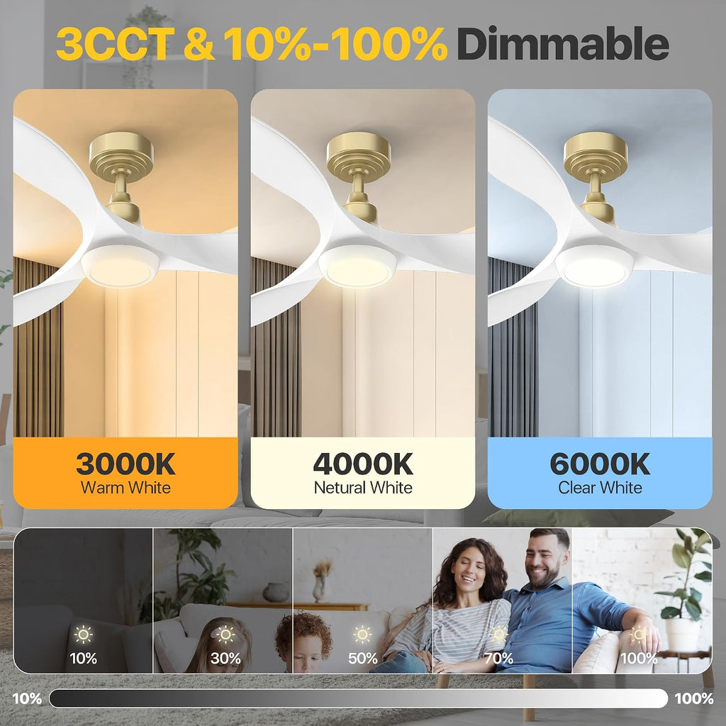 Ensenior Ceiling Fan with Light White and Gold, 52 Inch Ceiling Fans with Lights and Remote, 3 ABS Blades, Quiet Reversible DC Motor, 6-Speed, Dimmable 3CCT LED with Memory, Modern Fan for Living Room