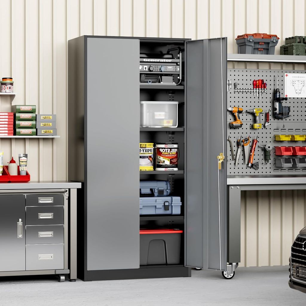 Greenvelly Metal Storage Cabinet with Doors and Shelves, 72' Inch Locking Metal Cabinet,Garage Storage Cabinet for Garage Office School Warehouse (Black Gray)