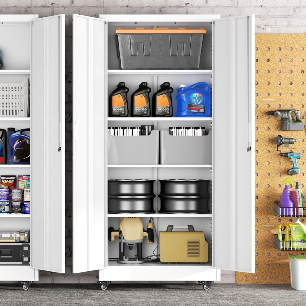 Greenvelly 73' Storage Cabinet with Wheels,Metal Rolling Garage Cabinet with Locking Doors and 4 Adjustable Shelves for Home,Kitchen,Office,Warehouse(32' W x 16' D, White)
